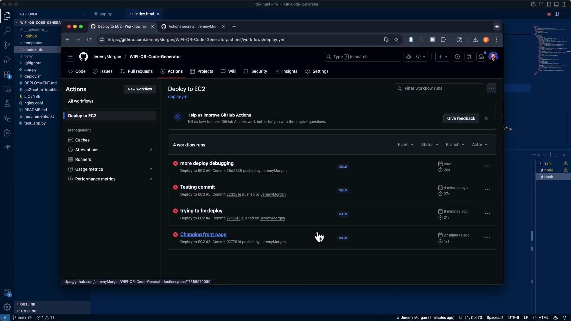 A screenshot of a developer desktop showing a GitHub repository's Actions page in dark mode with a "Deploy to EC2" workflow and several failed workflow runs listed. A code editor with project files is visible in the background.
