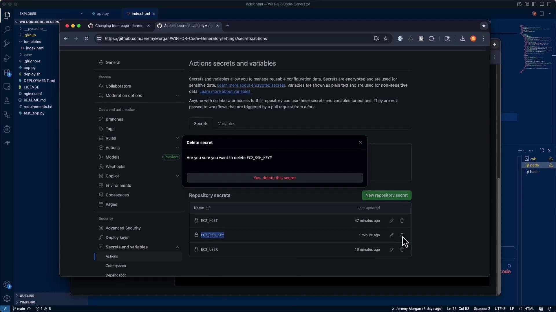 A screenshot of a GitHub repository settings page showing "Actions secrets and variables" with a modal asking to confirm deletion of the secret named "EC2_SSH_KEY." In the background is a code editor/IDE window with project files and a terminal.