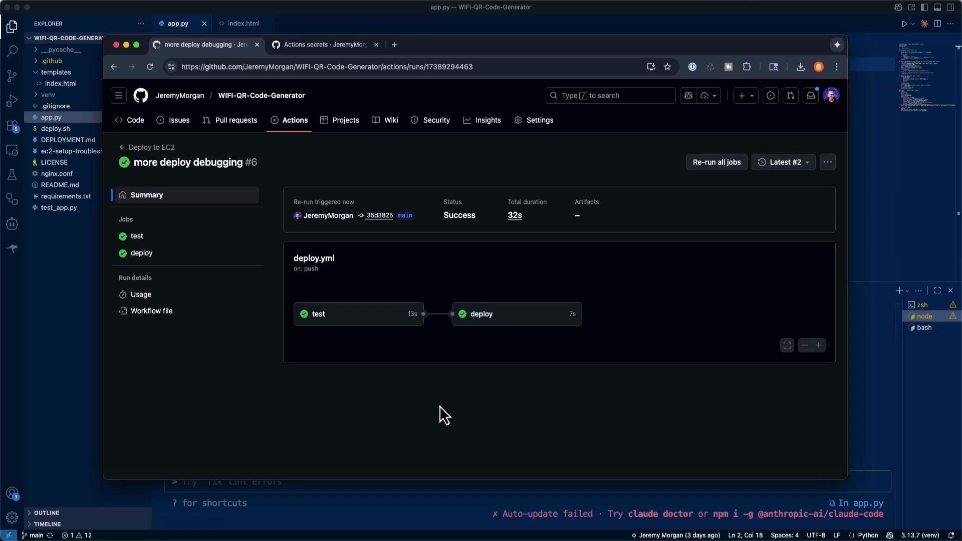 A screenshot of a desktop showing a GitHub Actions workflow run in a browser, with the "test" and "deploy" jobs marked successful. A code editor (Visual Studio Code) with project files is visible in the background.