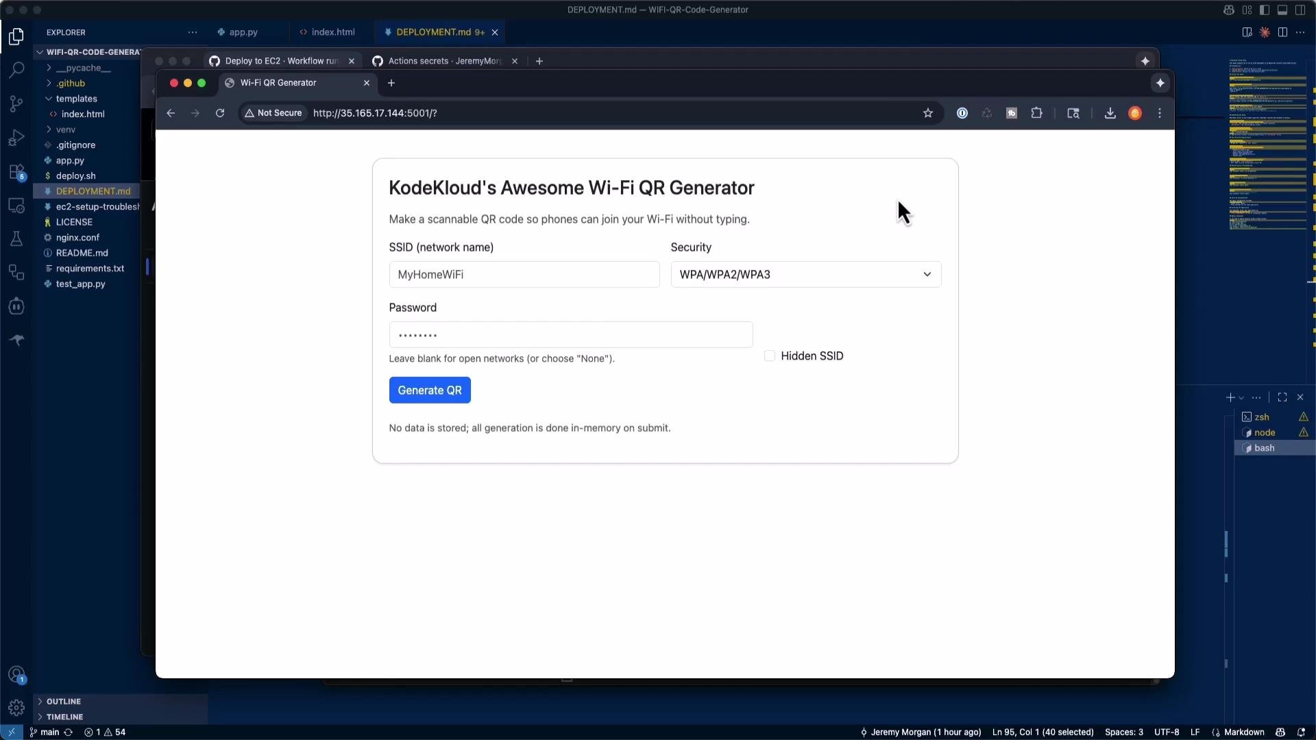 A browser window is open to "KodeKloud's Awesome Wi-Fi QR Generator" showing a form with SSID "MyHomeWiFi", a password field, security dropdown, and a "Generate QR" button. Behind the browser is a code editor with project files visible.