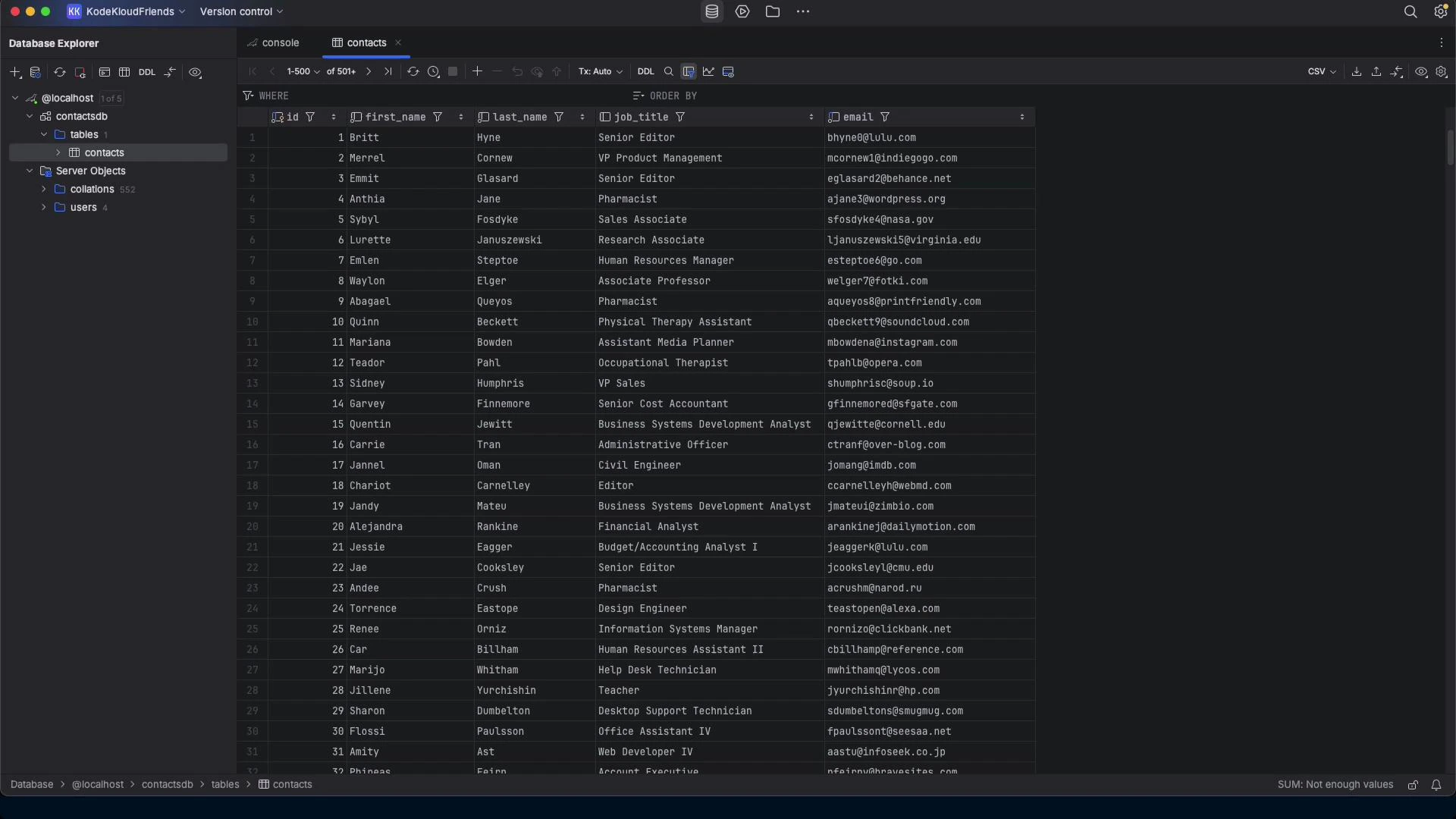 A dark-themed database application window showing a "contacts" table with columns like id, first name, last name, job title and email. The left sidebar shows the database/server tree while the main pane lists many contact rows.