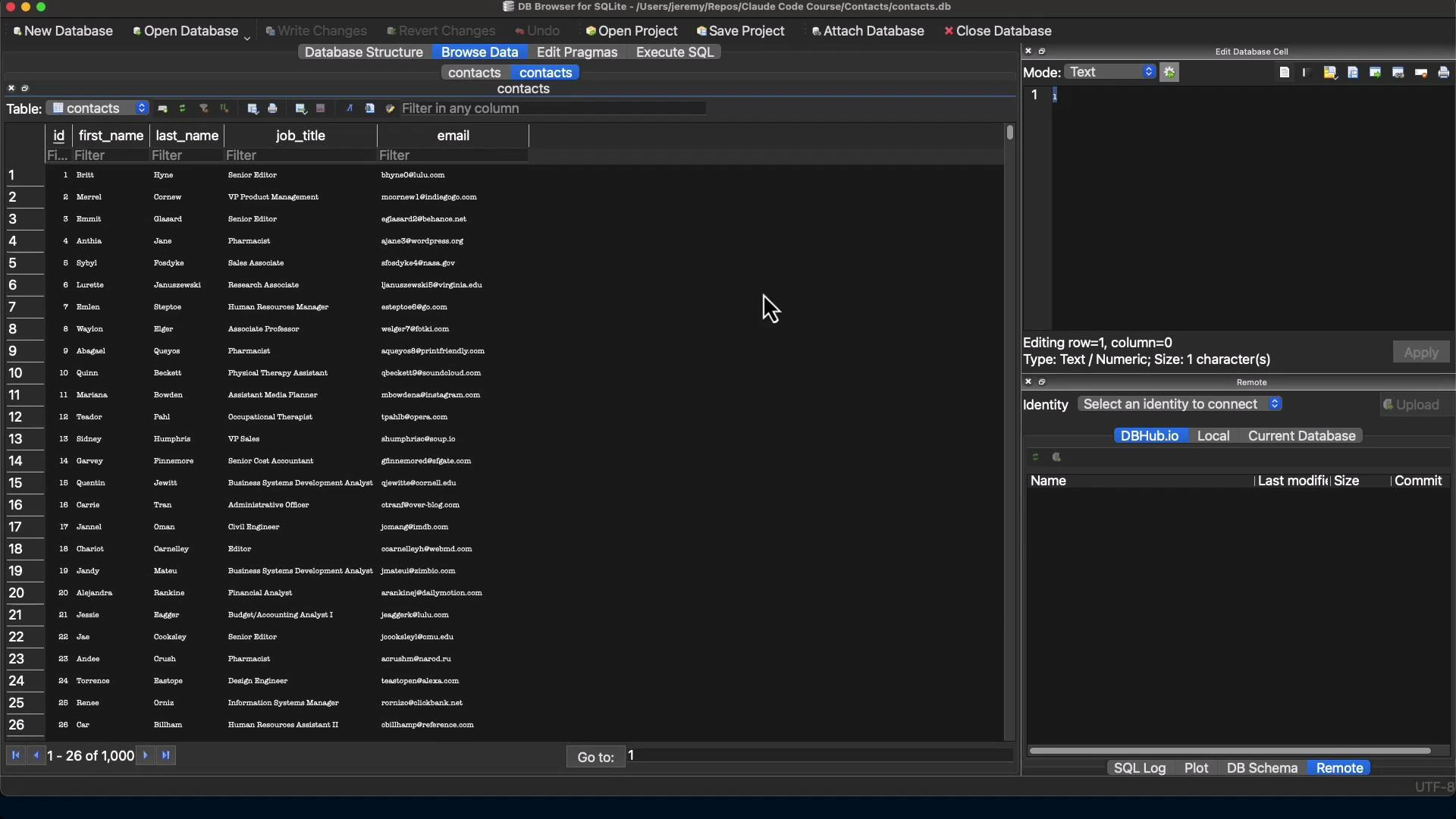A screenshot of a database GUI (DB Browser for SQLite) showing a "contacts" table with columns like id, first_name, last_name, job_title, and email. The left pane lists many contact rows while the right pane shows an editor/SQL and database connection controls.