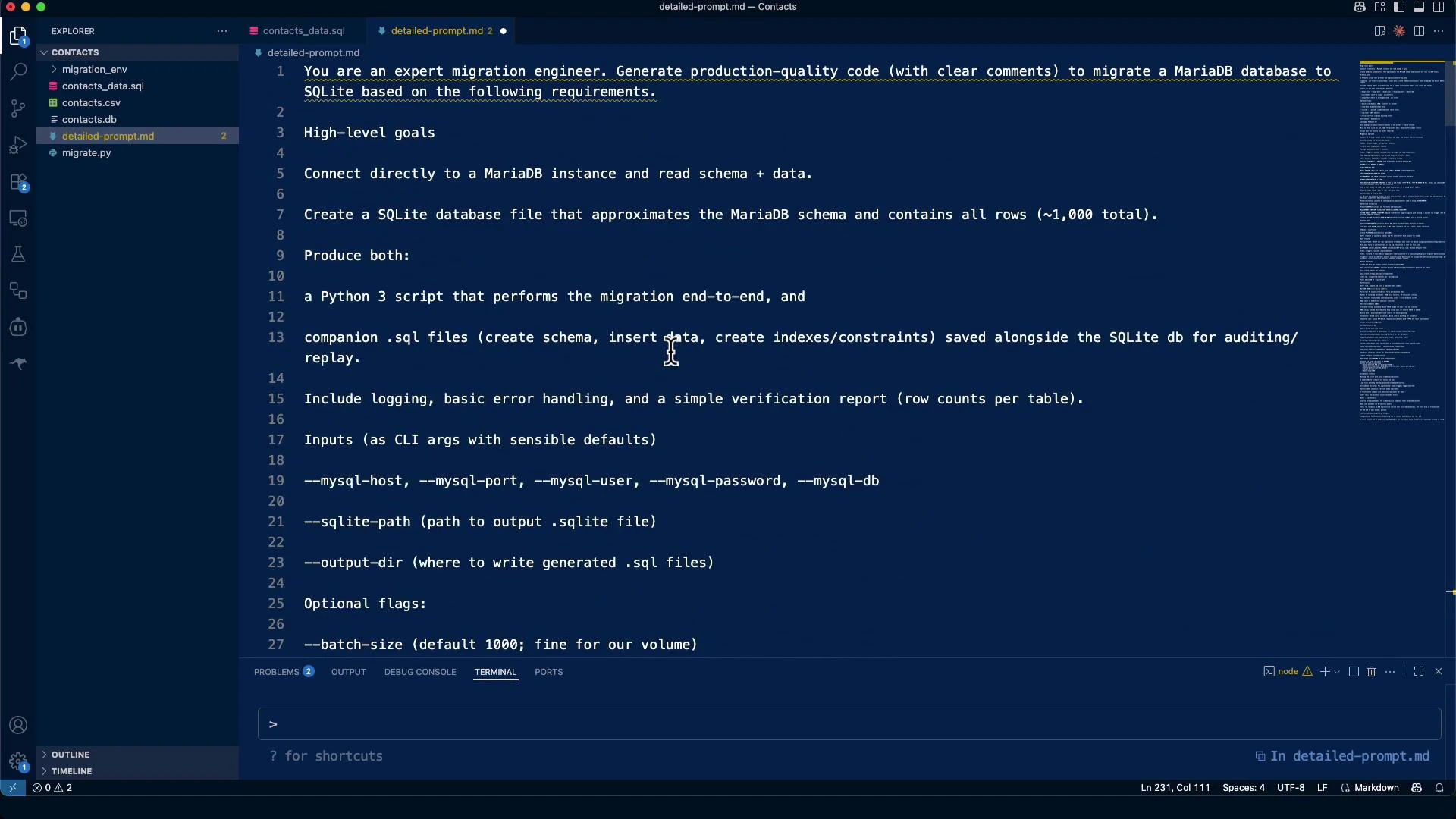 A screenshot of a dark-themed code editor (VS Code) showing a markdown file titled "detailed-prompt.md" with step-by-step instructions to generate Python and SQL code to migrate a MariaDB database to SQLite. The left sidebar lists project files (contacts, contacts_data.sql, migrate.py) and a terminal panel is visible along the bottom.