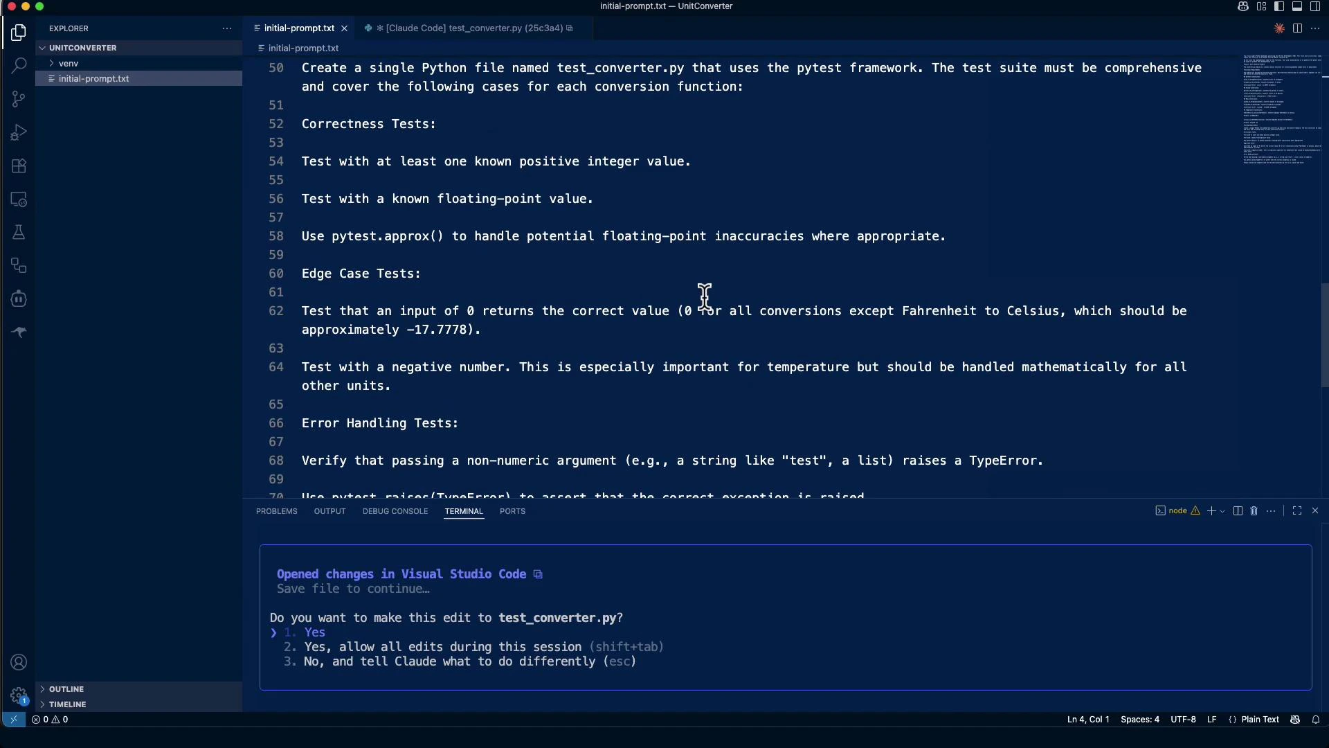 A screenshot of Visual Studio Code with a text file open containing instructions to create pytest tests for a Python unit-converter (test_converter.py). The integrated terminal shows a prompt asking whether to save the edits to test_converter.py.