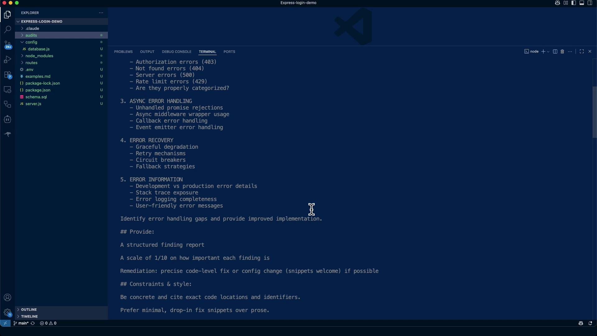 A screenshot of a Visual Studio Code workspace showing a project explorer on the left and a terminal/editor pane on the right filled with notes about error handling (authorization errors, async error handling, error recovery, error information). The project is named "express-login-demo" with files like server.js, database.js, and schema.sql visible.