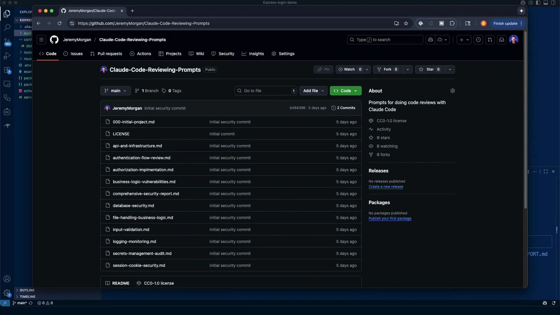 A dark‑mode browser window showing a GitHub repository page titled "Claude‑Code‑Reviewing‑Prompts" with a list of markdown files (LICENSE, README and various security-related docs). The repo view is open over a code editor window in the background.