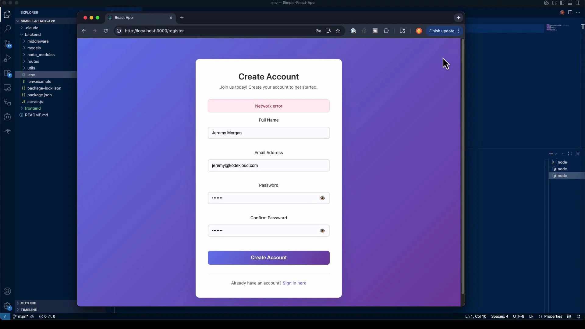 A browser window showing a "Create Account" registration form with fields for full name, email, password and a pink "Network error" alert. The form sits on a purple gradient background over a code editor/IDE visible behind it.