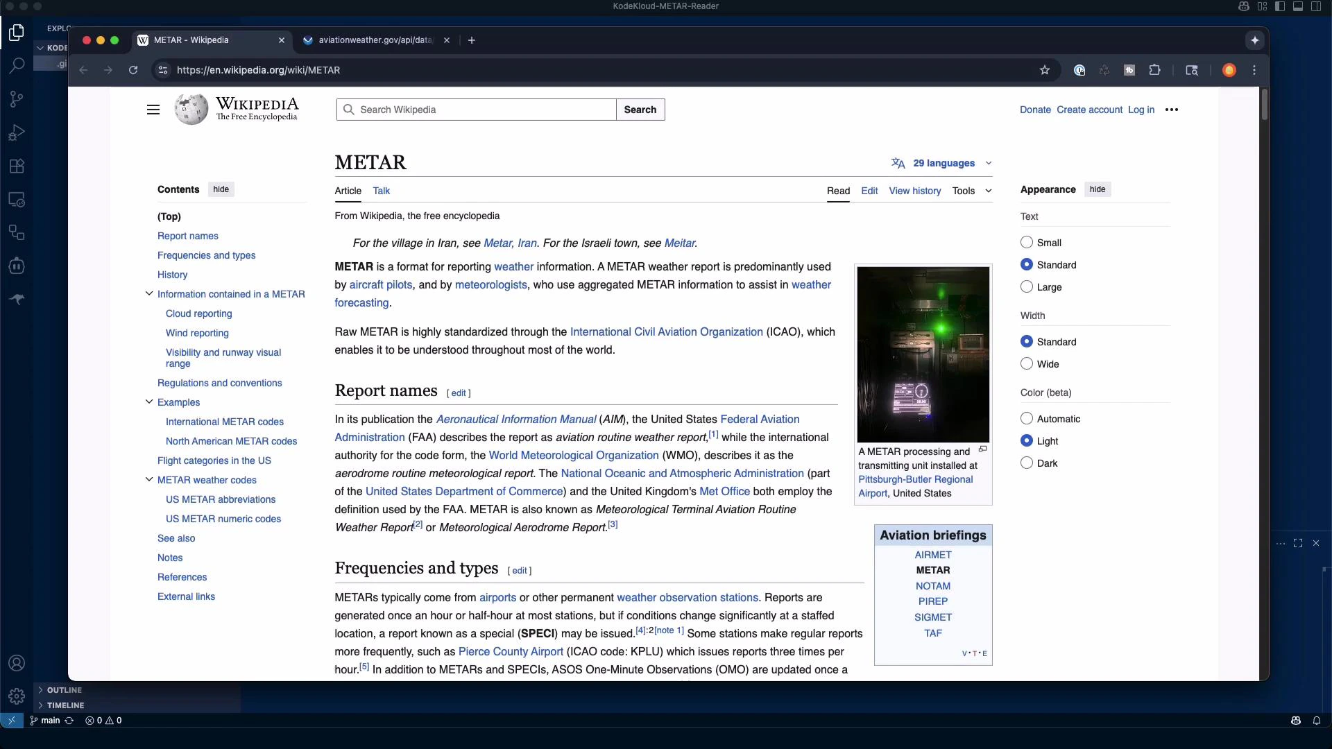 A screenshot of a web browser open to the Wikipedia article for "METAR,"
showing the article text and contents list on the left with a small photo and
appearance settings on the right. The browser window includes tabs and a dark
desktop
background.