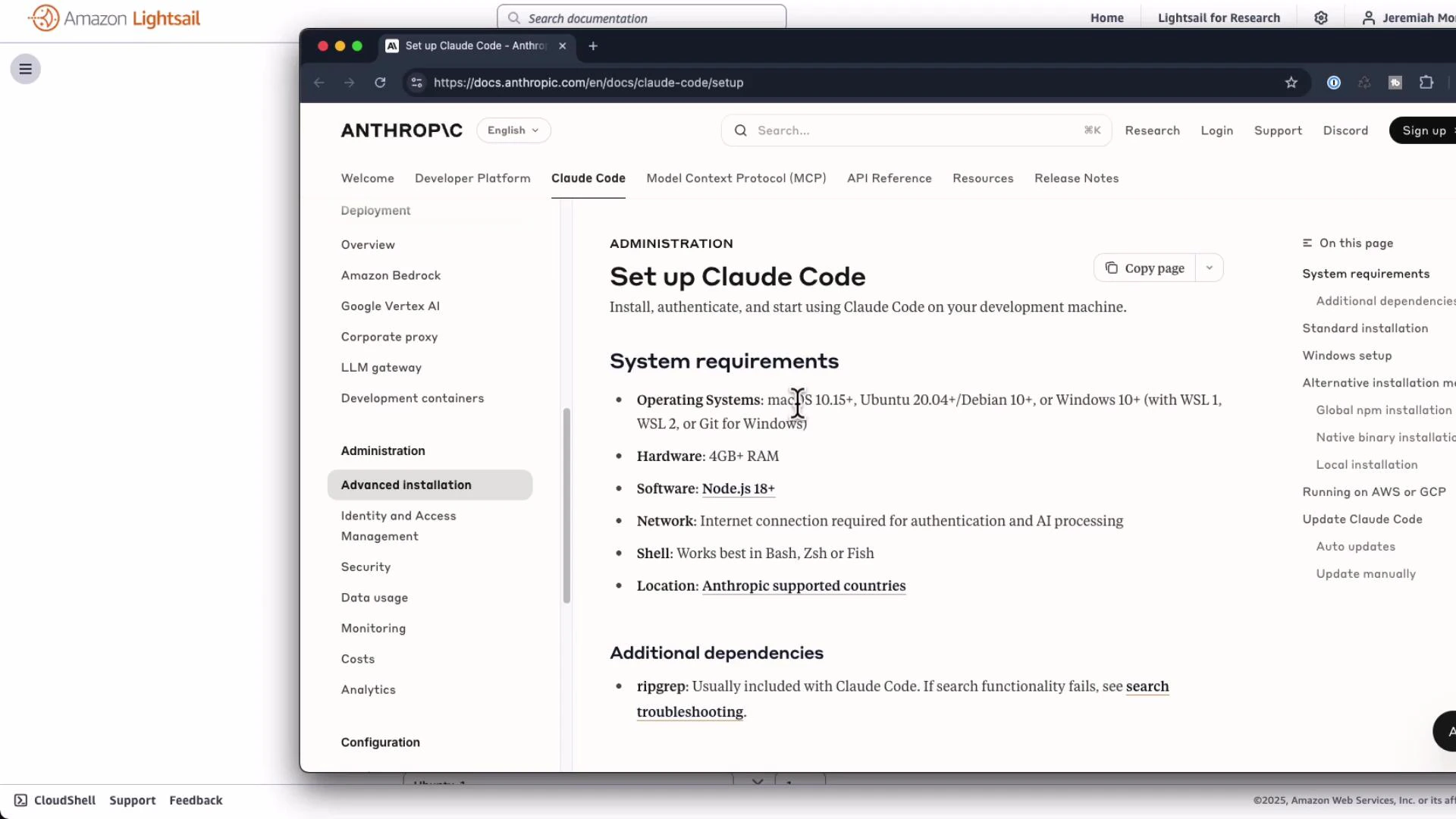 A screenshot of a browser displaying Anthropic's "Set up Claude Code" documentation page listing system requirements and additional dependencies. The window is shown over an Amazon Lightsail interface, with a left navigation menu and a right-side table of contents visible.