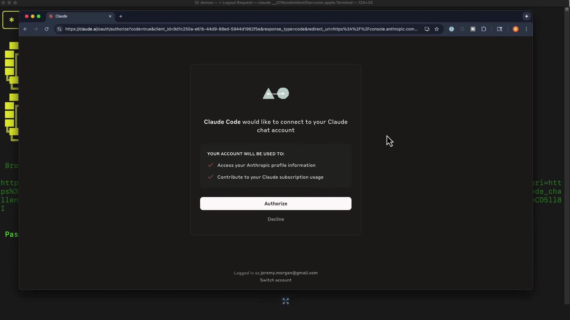 A browser window showing a dark-themed authorization dialog where "Claude Code" is requesting permission to connect to a Claude chat account, listing uses like accessing profile information and contributing to subscription usage. The modal shows Authorize and Decline buttons.
