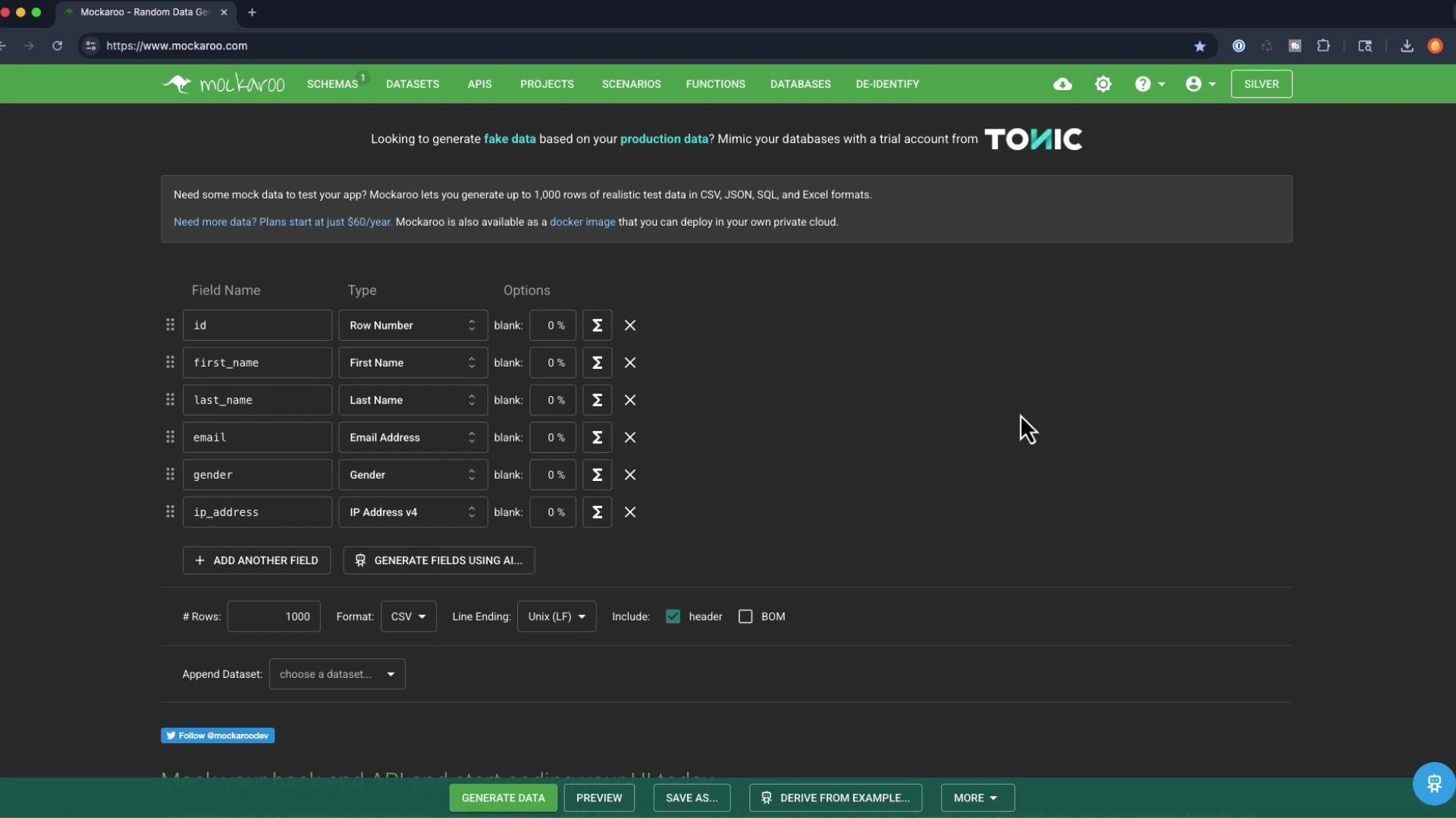 A screenshot of the Mockaroo web UI for generating fake data, showing field definitions like id, first_name, last_name, email, gender, and ip_address with options for each. The page also shows settings for row count and format (CSV) and buttons such as Generate Data, Preview, and Save As.