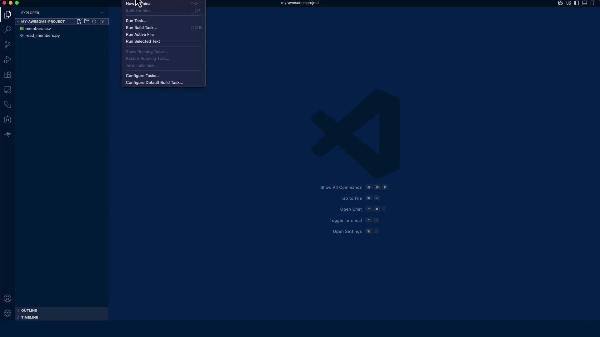 A dark-themed Visual Studio Code window showing the Explorer for a project named "my-awesome-project" with files members.csv and read_members.py. A Run/Terminal menu is open and the main editor area displays the VS Code logo with command shortcuts.