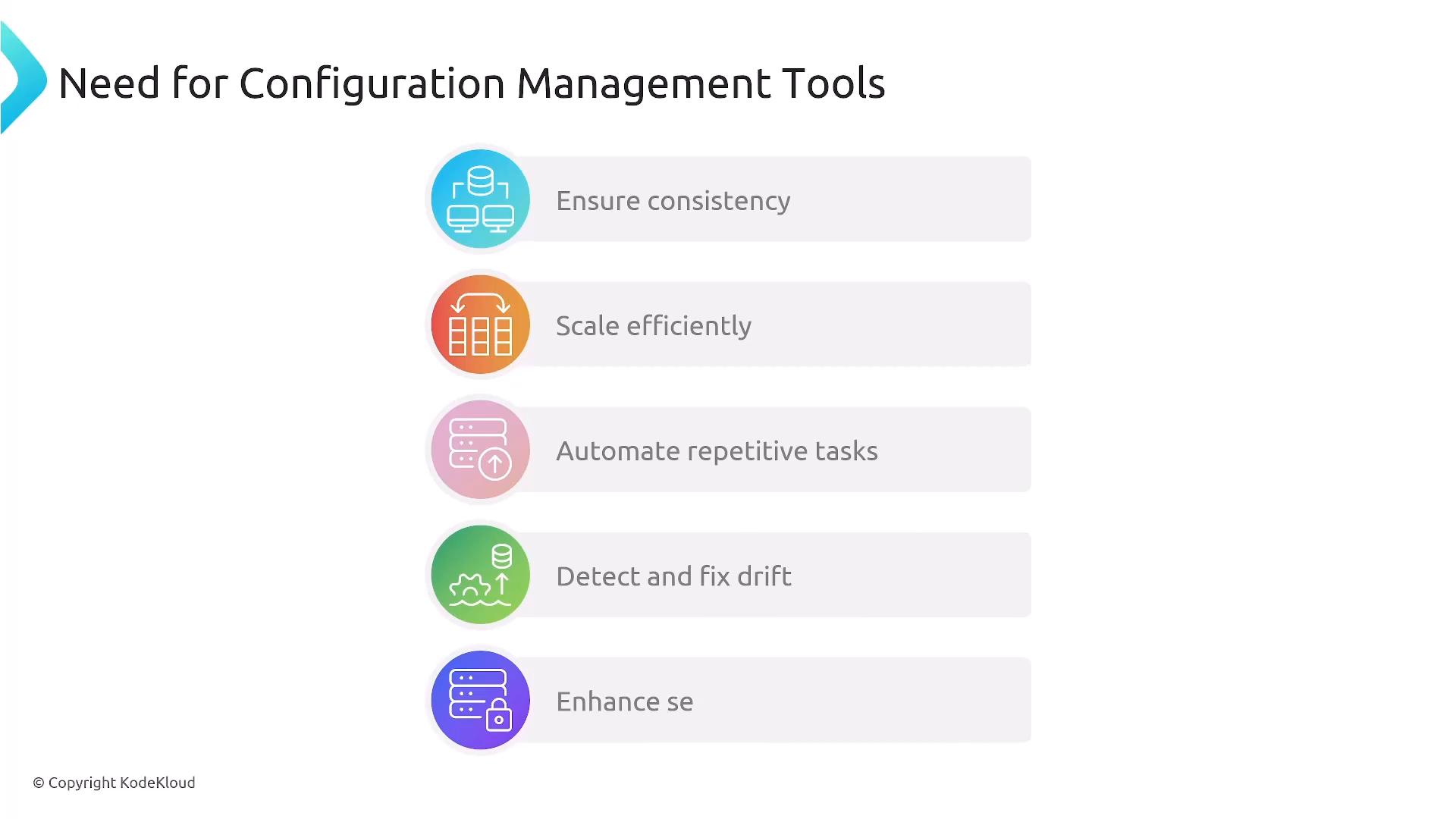 A presentation slide titled "Need for Configuration Management Tools" showing a vertical list of benefits. Each item—Ensure consistency; Scale efficiently; Automate repetitive tasks; Detect and fix drift; Enhance security—is paired with a colorful circular icon.