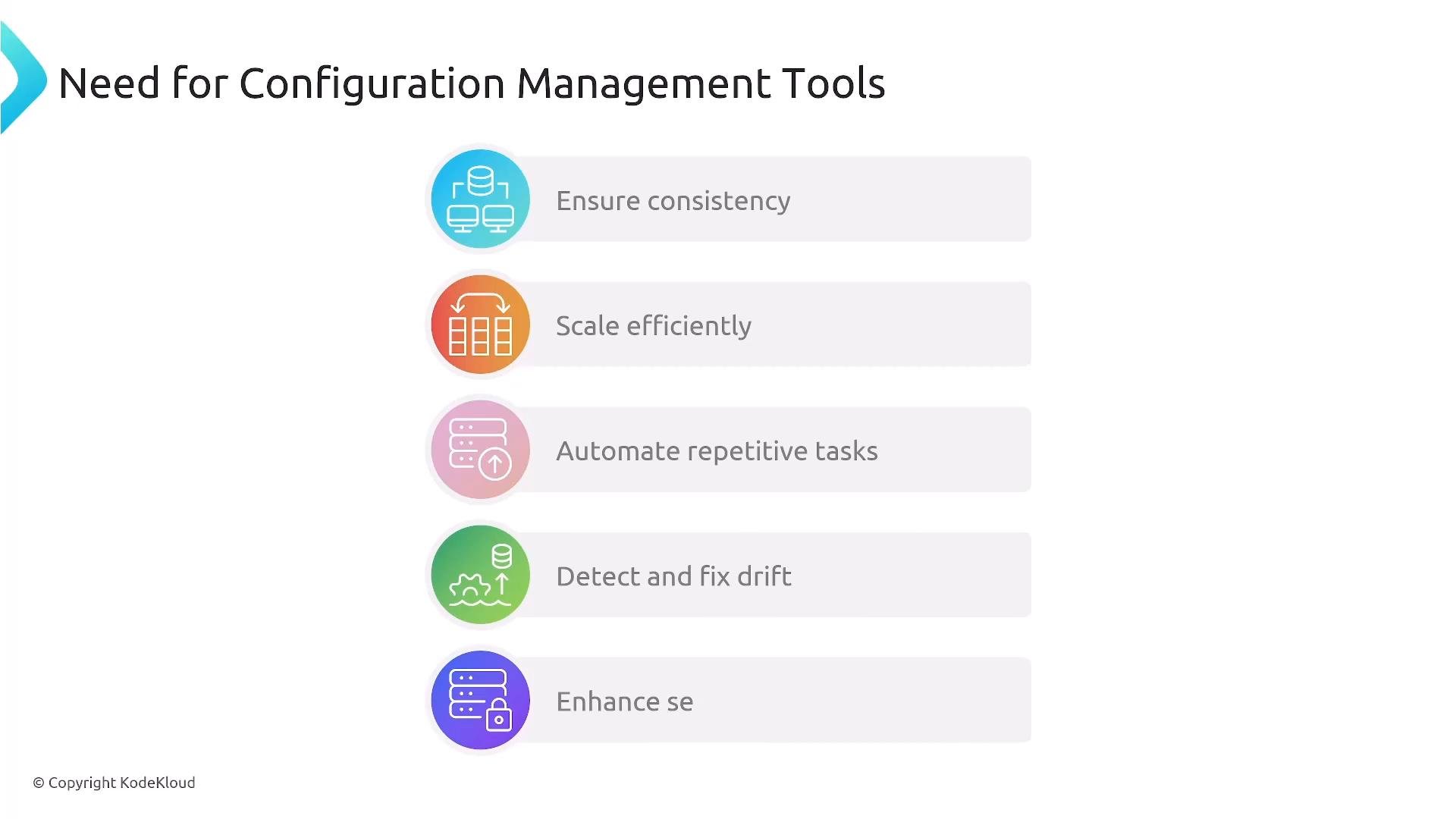 A presentation slide titled "Need for Configuration Management Tools" showing a vertical list of benefits. Each item—Ensure consistency; Scale efficiently; Automate repetitive tasks; Detect and fix drift; Enhance security—is paired with a colorful circular icon.