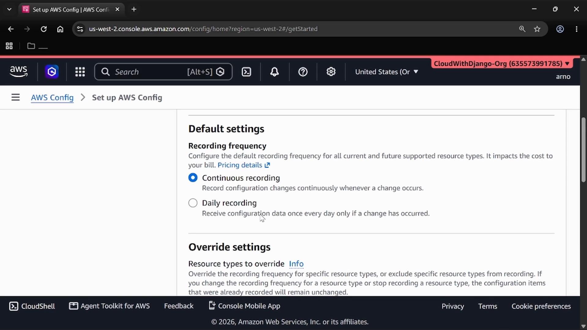 A screenshot of the AWS Config setup page showing Default settings for recording frequency, with "Continuous recording" selected and "Daily recording" as the alternative option.