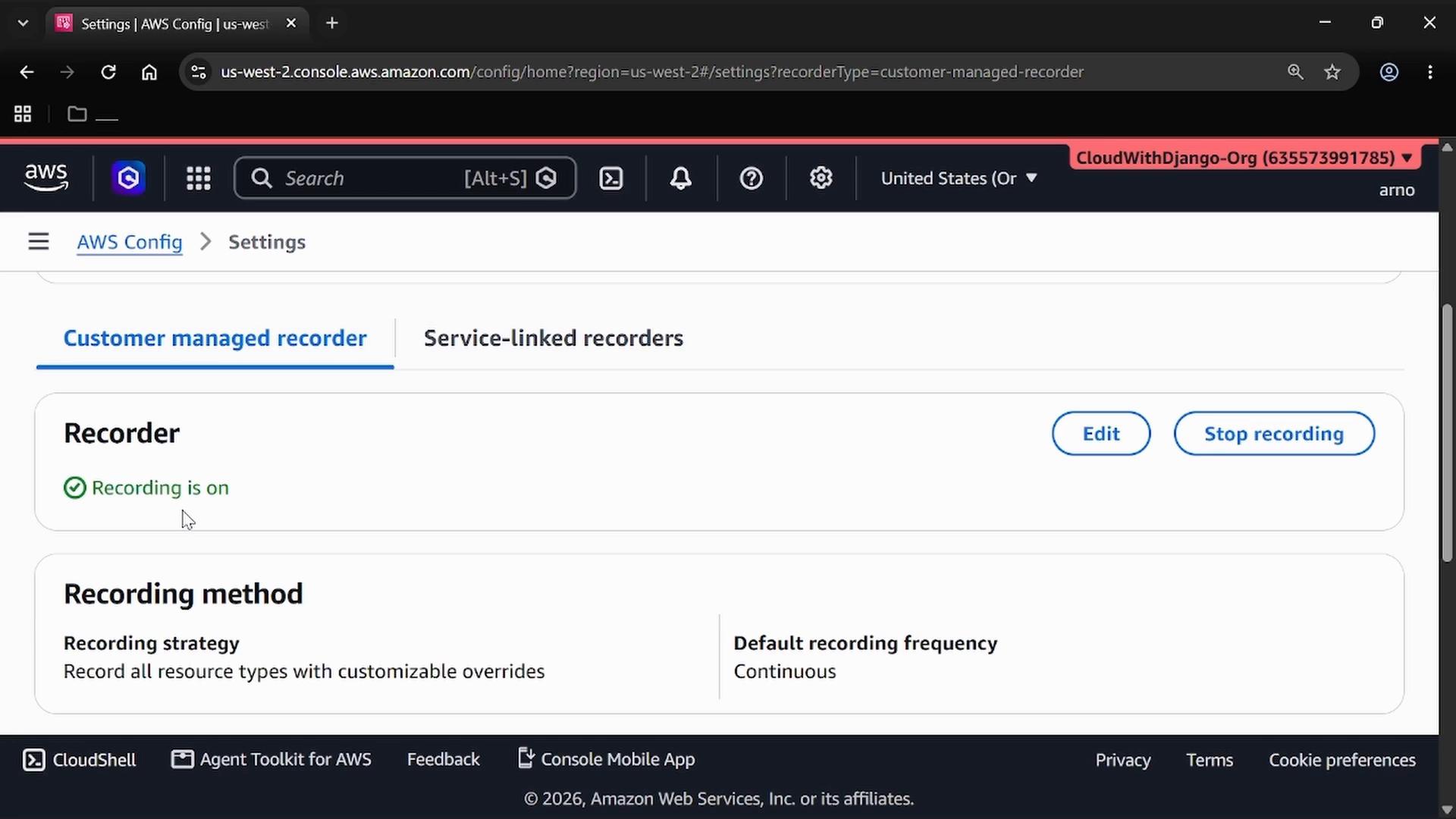 A screenshot of the AWS Config Settings page showing a customer-managed recorder with a green "Recording is on" status and buttons to Edit or Stop recording. The recording method and default frequency (Continuous) are shown in the lower panel.