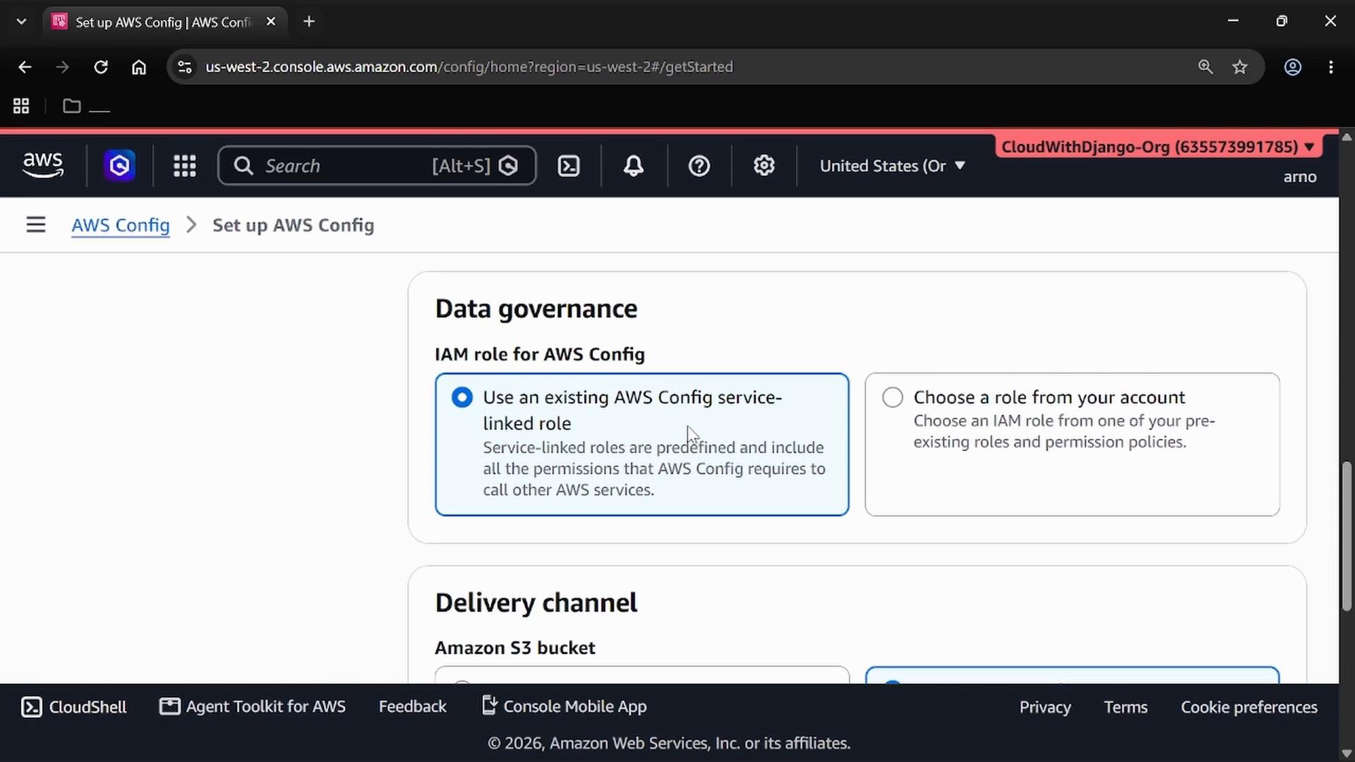 A screenshot of the AWS Management Console on the "Set up AWS Config" page. It shows the Data governance section with the IAM role option "Use an existing AWS Config service‑linked role" selected and part of the Delivery channel settings.