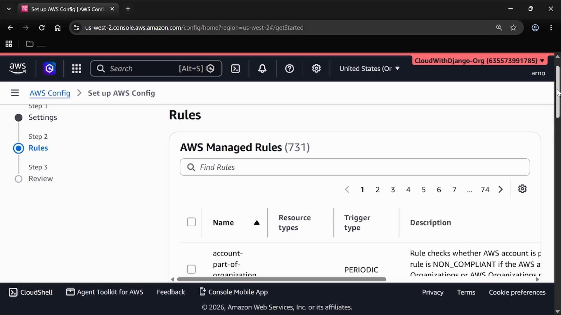 A screenshot of the AWS Management Console on the "Set up AWS Config" page, showing the "Rules" step with an "AWS Managed Rules (731)" list and a search field. The left sidebar shows the setup steps (Settings, Rules, Review).