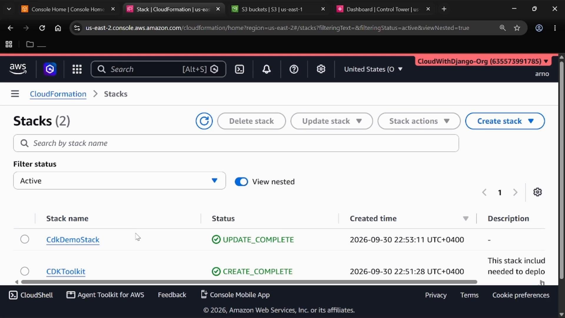 A screenshot of the AWS CloudFormation "Stacks" console showing a list of stacks. It lists stacks like "CdkDemoStack" and "CDKToolkit" with statuses such as UPDATE_COMPLETE and CREATE_COMPLETE, and toolbar buttons (Delete stack, Update stack, Create stack).