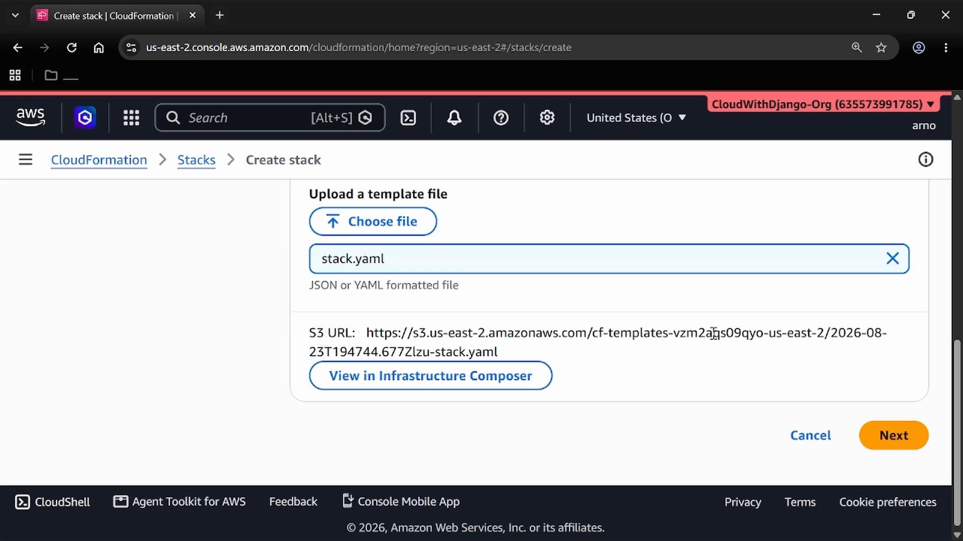 A screenshot of the AWS CloudFormation "Create stack" page showing the "Upload a template file" panel with "stack.yaml" selected and an S3 URL displayed, plus the Next and Cancel buttons.