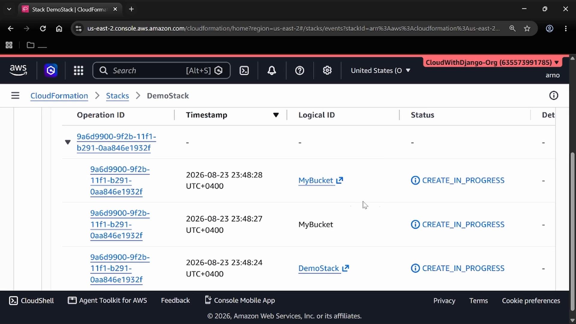 A screenshot of the AWS CloudFormation console showing the "DemoStack" events list with operation IDs, timestamps, and logical IDs like "MyBucket" and "DemoStack." Several resources are marked "CREATE_IN_PROGRESS."