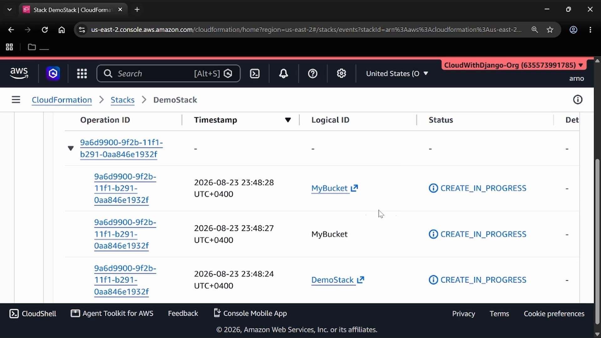 A screenshot of the AWS CloudFormation console showing the "DemoStack" events list with operation IDs, timestamps, and logical IDs like "MyBucket" and "DemoStack." Several resources are marked "CREATE_IN_PROGRESS."