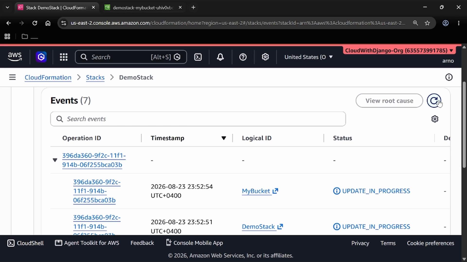 A screenshot of the AWS CloudFormation console showing the Events pane for a stack called "DemoStack," listing operation IDs, timestamps and resources (e.g., MyBucket) with statuses like UPDATE_IN_PROGRESS. The browser header shows the CloudWithDjango-Org account and standard AWS navigation controls.