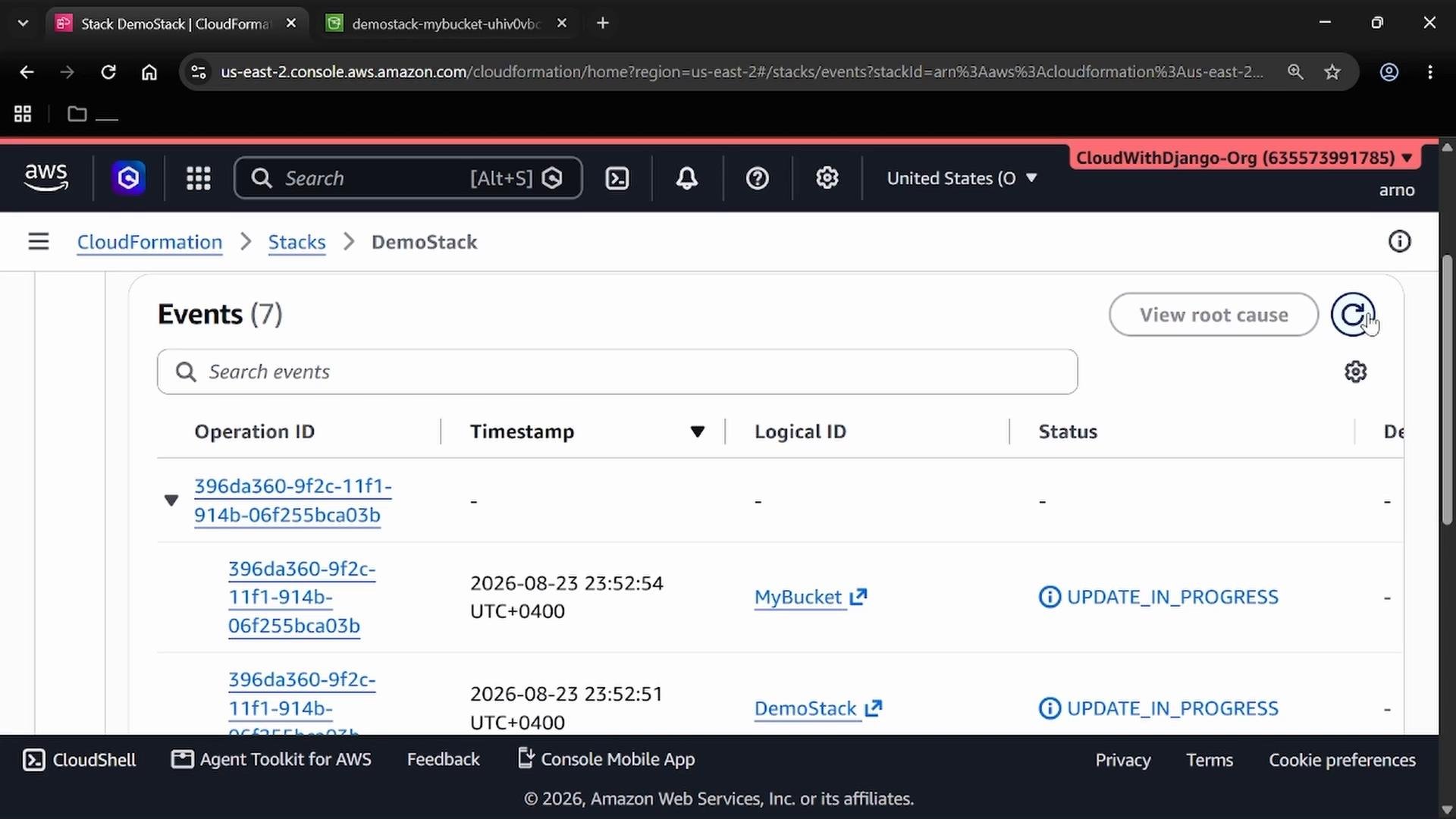 A screenshot of the AWS CloudFormation console showing the Events pane for a stack called "DemoStack," listing operation IDs, timestamps and resources (e.g., MyBucket) with statuses like UPDATE_IN_PROGRESS. The browser header shows the CloudWithDjango-Org account and standard AWS navigation controls.