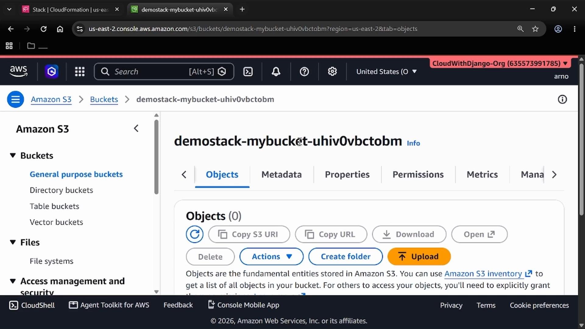 A screenshot of the Amazon S3 web console showing the bucket "demostack-mybucket-uhiv0vbctobm" with the Objects tab open. Visible controls include Upload, Create folder, Copy URL, and navigation links for Buckets and other S3 sections.