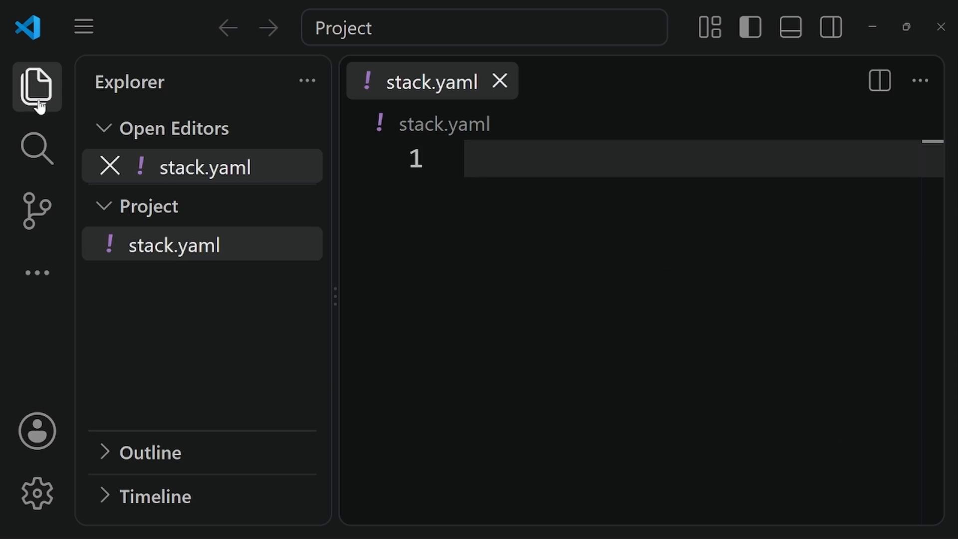 A dark-themed Visual Studio Code window with the Explorer open and a file named "stack.yaml" selected. The editor shows the "stack.yaml" tab with a single line containing the number "1".