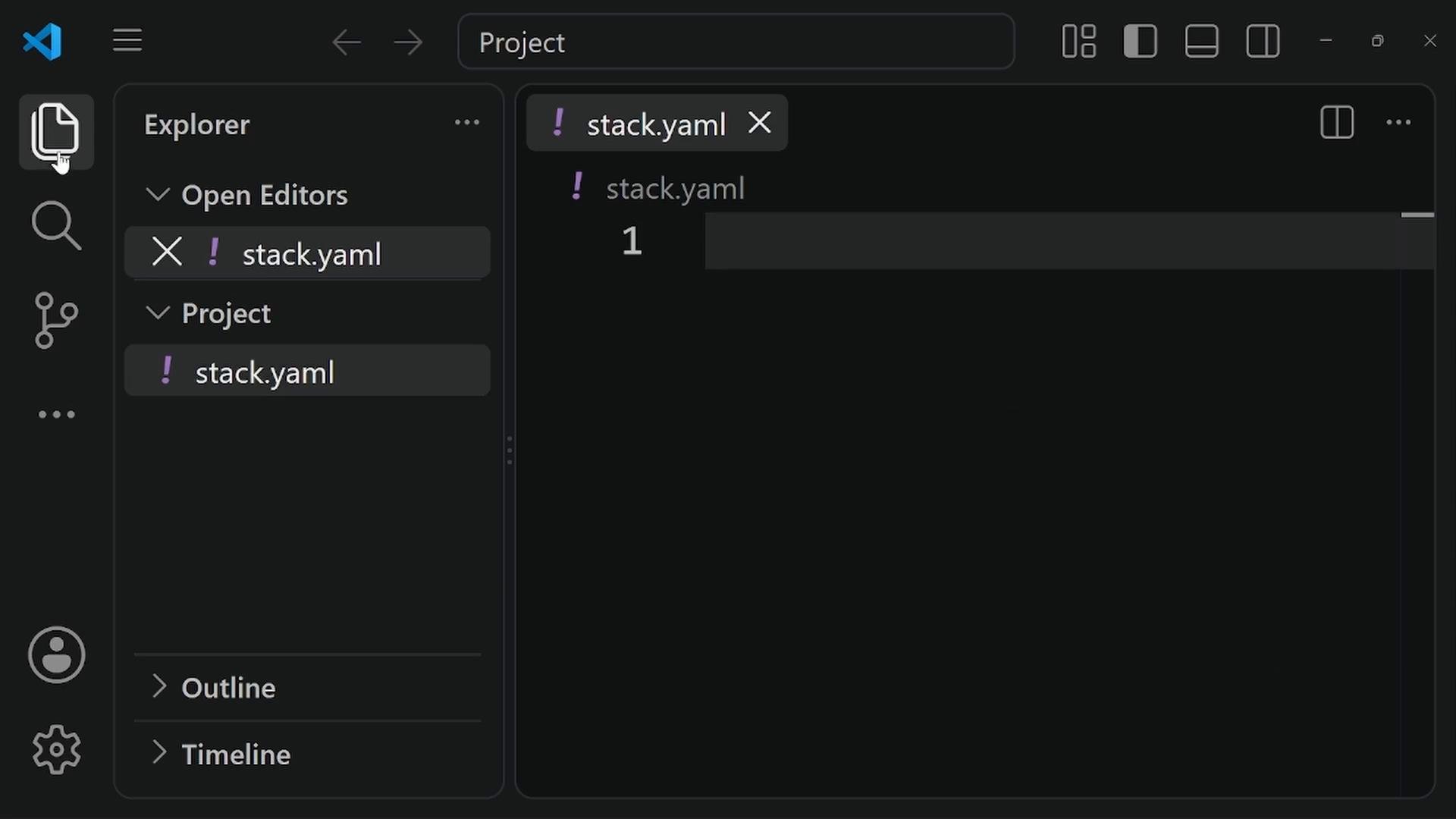 A dark-themed Visual Studio Code window with the Explorer open and a file named "stack.yaml" selected. The editor shows the "stack.yaml" tab with a single line containing the number "1".