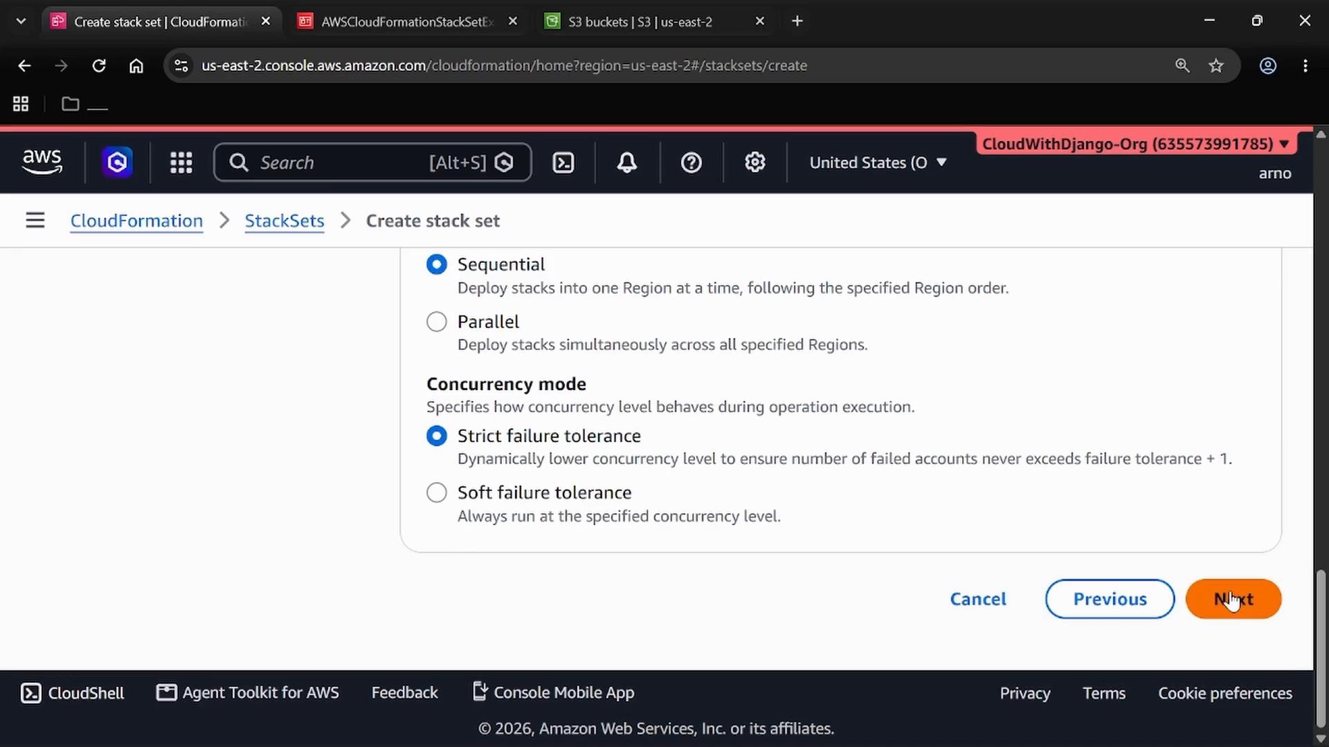 A browser screenshot of the AWS CloudFormation "Create stack set" page showing deployment options (Sequential vs Parallel) and concurrency mode with "Strict failure tolerance" selected. An orange "Next" button is visible in the lower right.