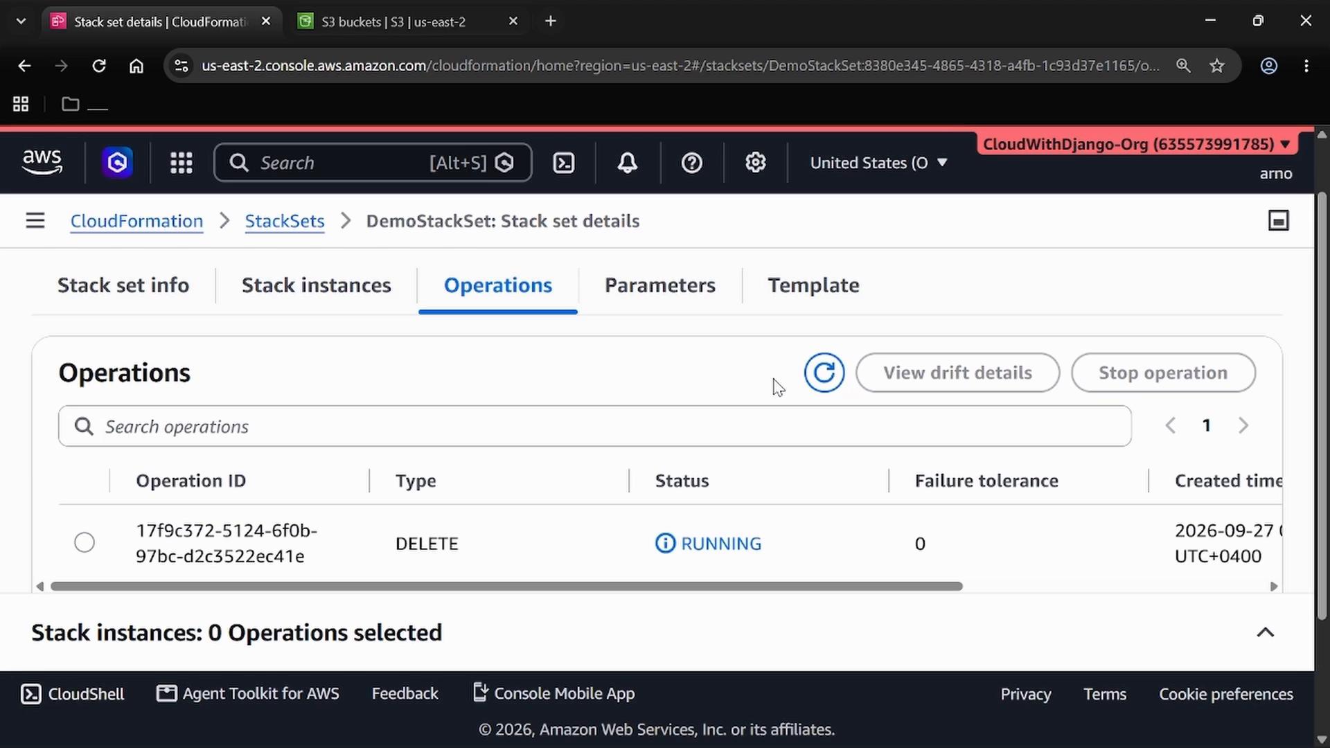 A screenshot of the AWS CloudFormation console on the "DemoStackSet: Stack set details" page, showing the Operations tab with a DELETE operation currently RUNNING. The UI also shows search, "View drift details" and "Stop operation" buttons and indicates 0 stack instances selected.