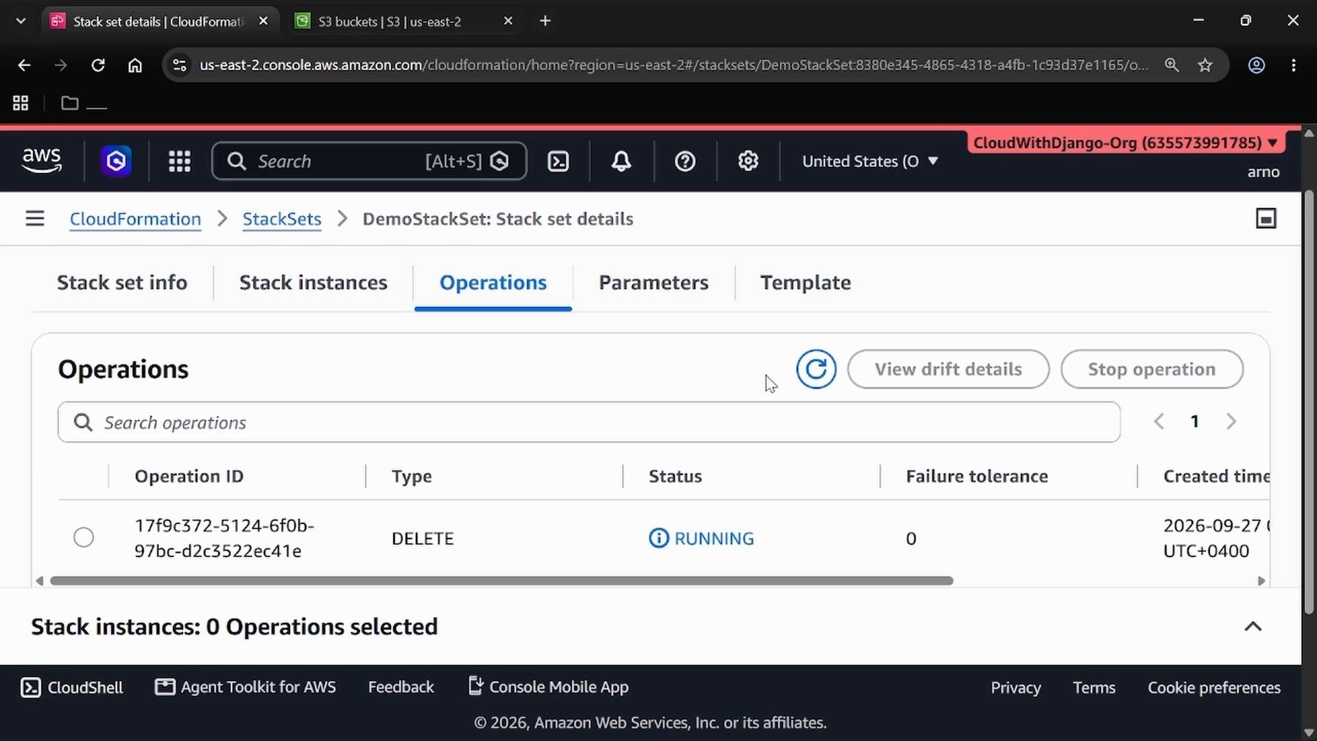 A screenshot of the AWS CloudFormation console on the "DemoStackSet: Stack set details" page, showing the Operations tab with a DELETE operation currently RUNNING. The UI also shows search, "View drift details" and "Stop operation" buttons and indicates 0 stack instances selected.