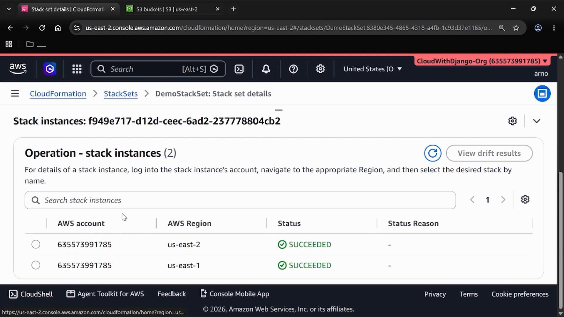 A screenshot of the AWS CloudFormation StackSets console showing "DemoStackSet: Stack set details" with a list of stack instances (US regions) and their statuses marked "SUCCEEDED." The page also shows a search box, "View drift results" button, and the AWS top navigation bar.