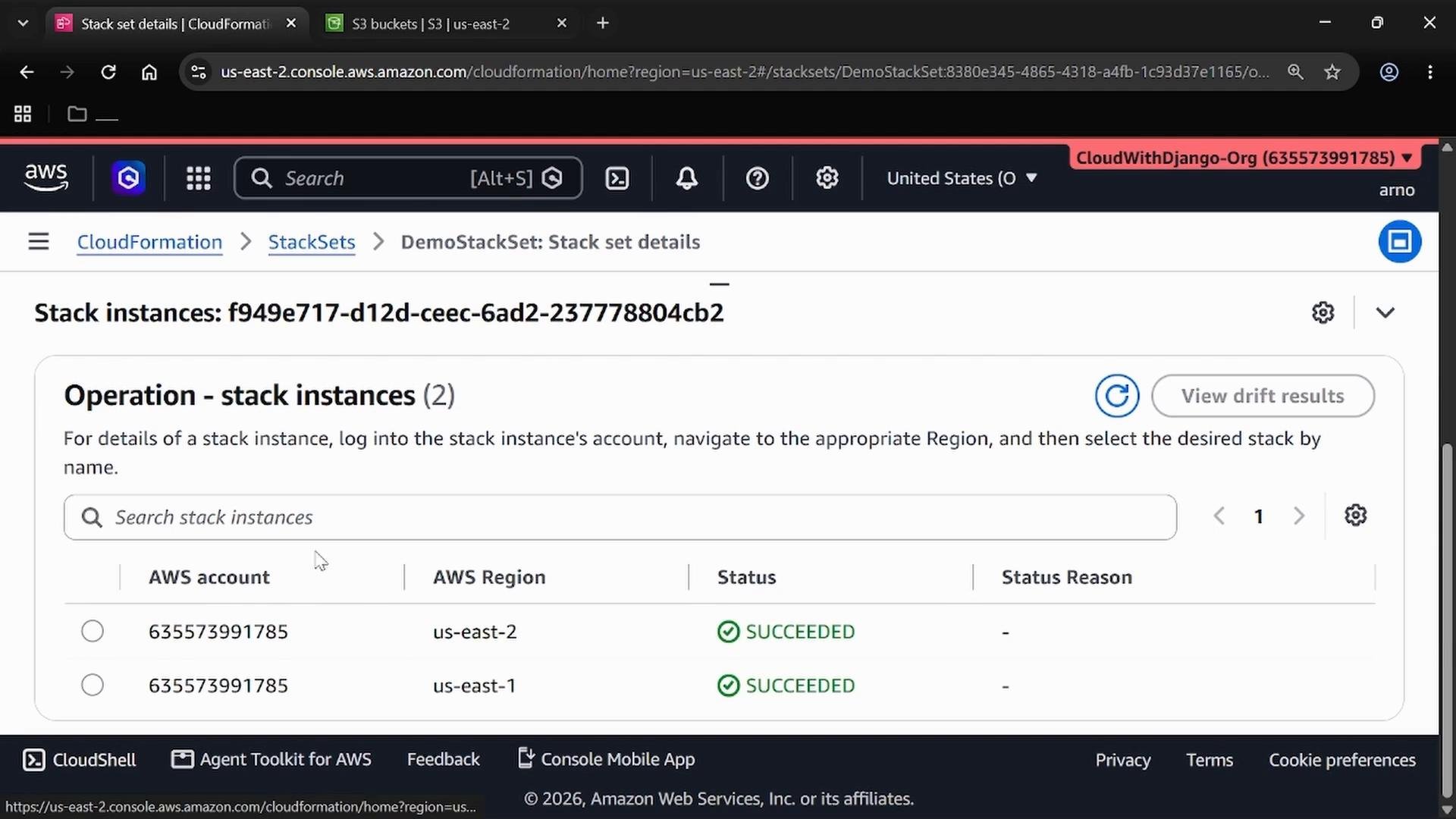 A screenshot of the AWS CloudFormation StackSets console showing "DemoStackSet: Stack set details" with a list of stack instances (US regions) and their statuses marked "SUCCEEDED." The page also shows a search box, "View drift results" button, and the AWS top navigation bar.