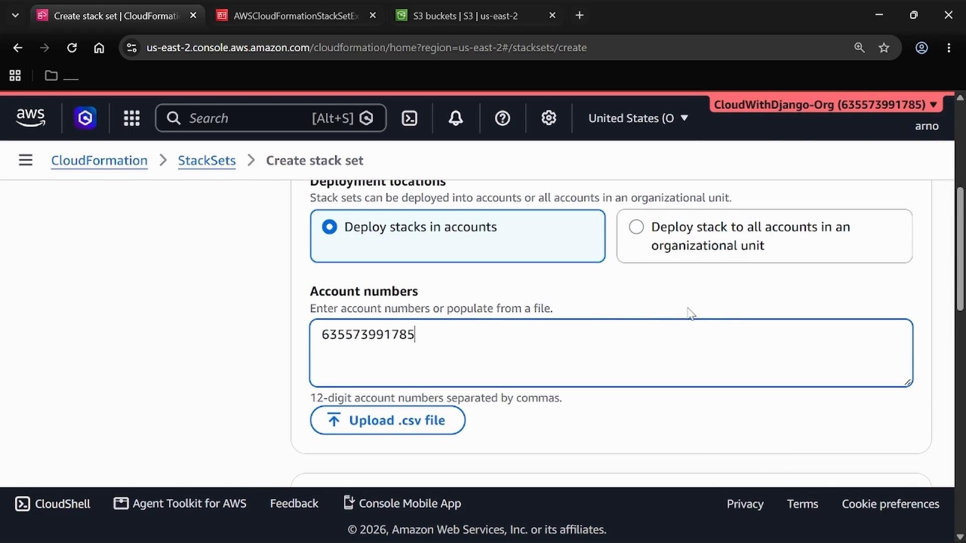 A screenshot of the AWS CloudFormation "Create stack set" page showing the Deployment locations option set to "Deploy stacks in accounts" and an Account numbers field containing a 12-digit number (635573991785) with an "Upload .csv file" button. The browser tab and AWS console header are visible at the top.