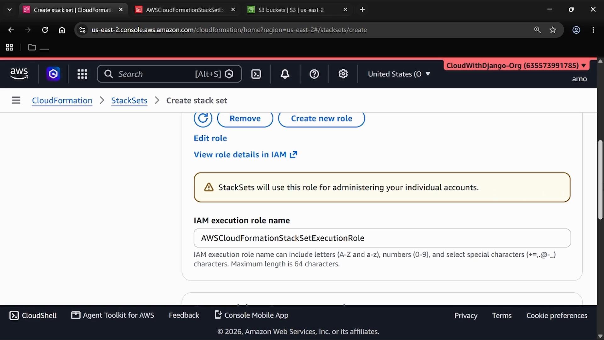 A screenshot of the AWS CloudFormation console on the "Create stack set" page, showing an IAM execution role name field ("AWSCloudFormationStackSetExecutionRole") and a warning that StackSets will use this role to administer individual accounts. The browser toolbar and AWS account/region header are visible at the top.
