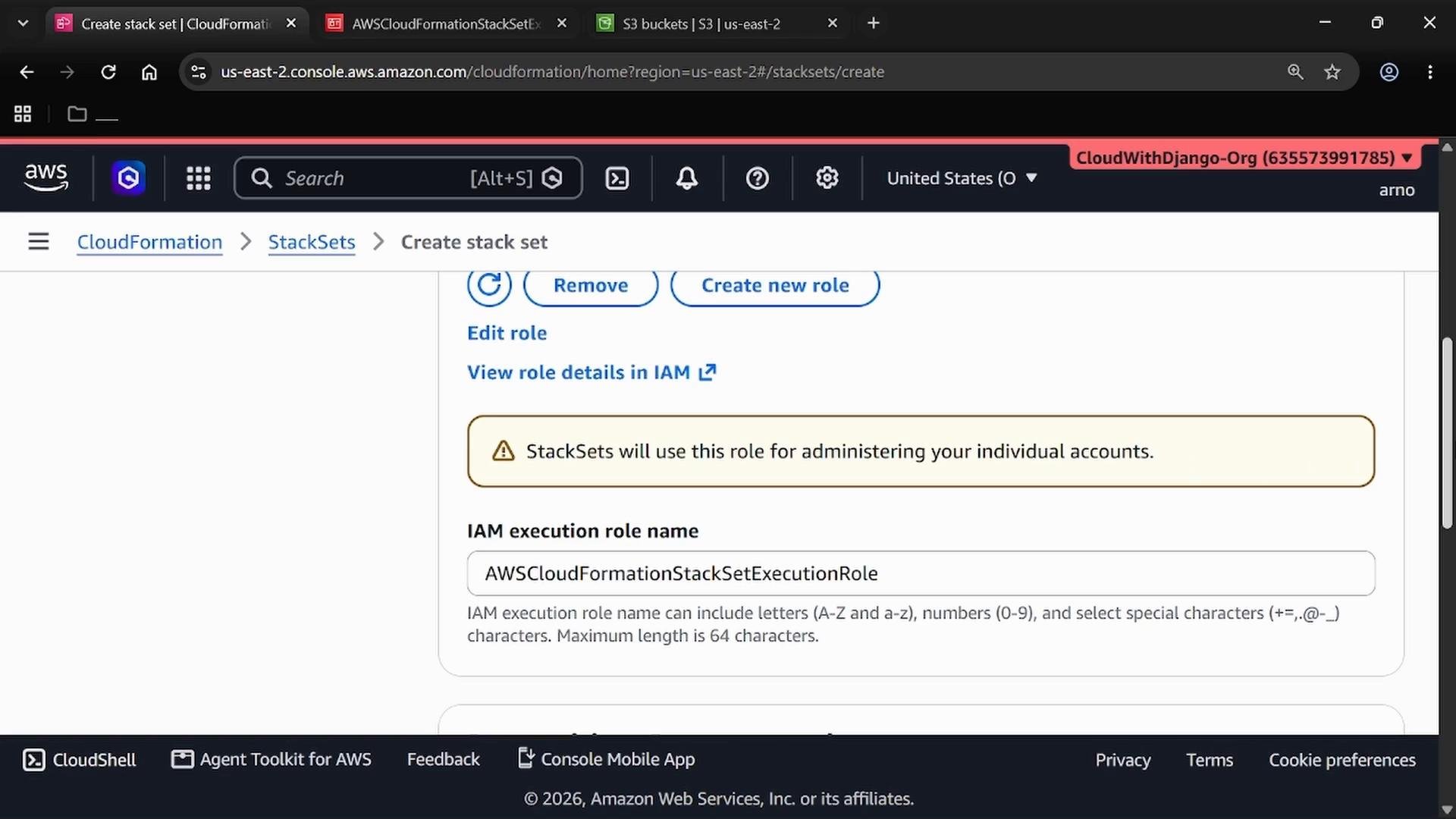 A screenshot of the AWS CloudFormation console on the "Create stack set" page, showing an IAM execution role name field ("AWSCloudFormationStackSetExecutionRole") and a warning that StackSets will use this role to administer individual accounts. The browser toolbar and AWS account/region header are visible at the top.