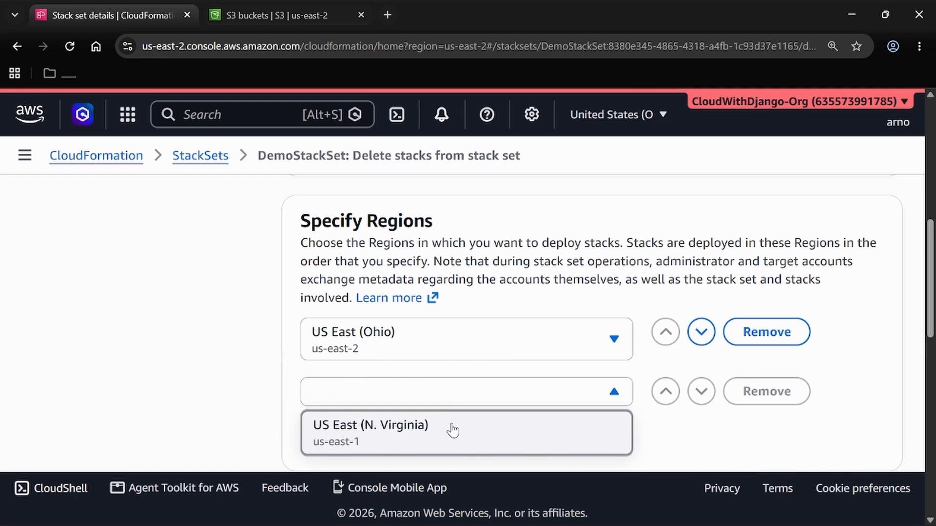 A screenshot of the AWS CloudFormation StackSets page showing the "Specify Regions" step with US East (Ohio) and US East (N. Virginia) region selections. The UI appears to be in a workflow to delete stacks from a stack set, with region selection and remove buttons visible.