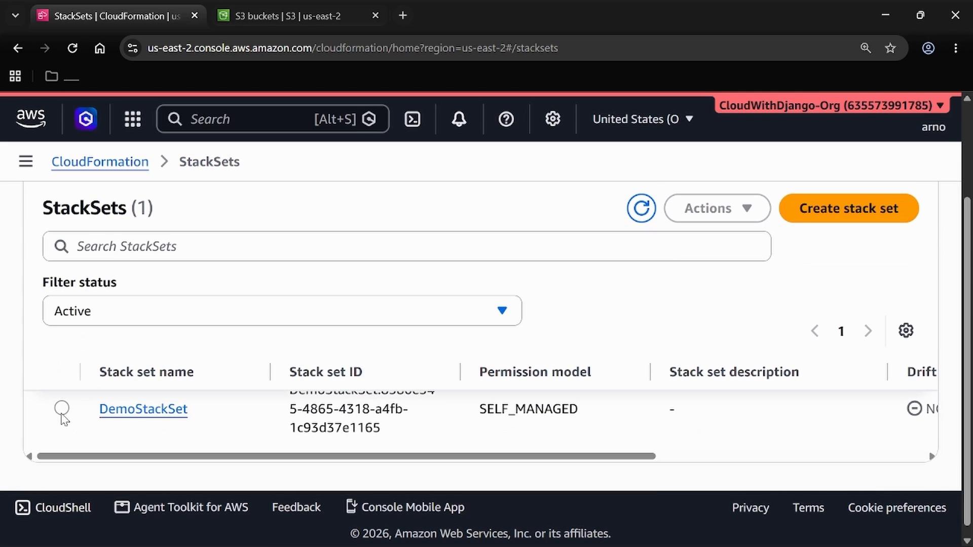 A screenshot of the AWS Management Console showing the CloudFormation "StackSets" page. It displays an Active filter, a listed "DemoStackSet" entry, and a "Create stack set" button.