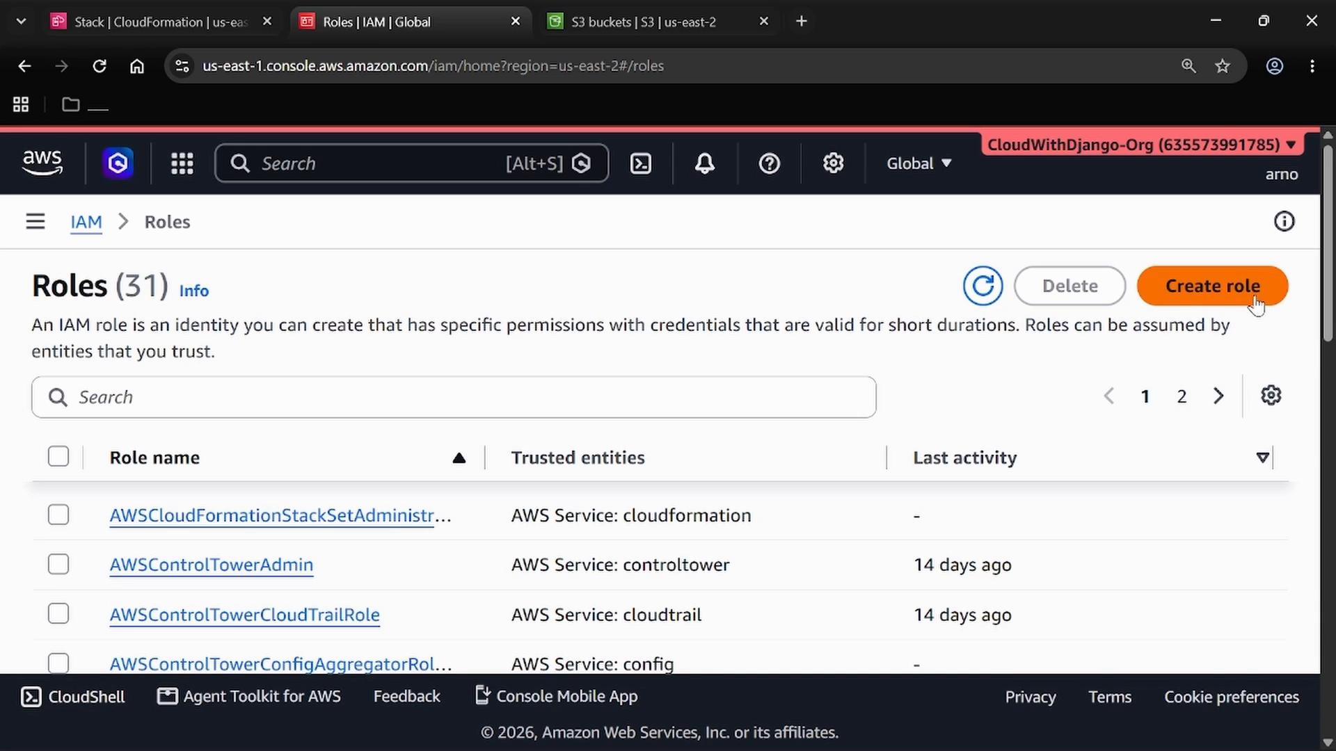 Screenshot of the AWS IAM Roles page in the AWS console, showing a list of IAM roles and a prominent orange "Create role" button. The header indicates 31 roles and lists items like AWSControlTowerAdmin and other service roles.