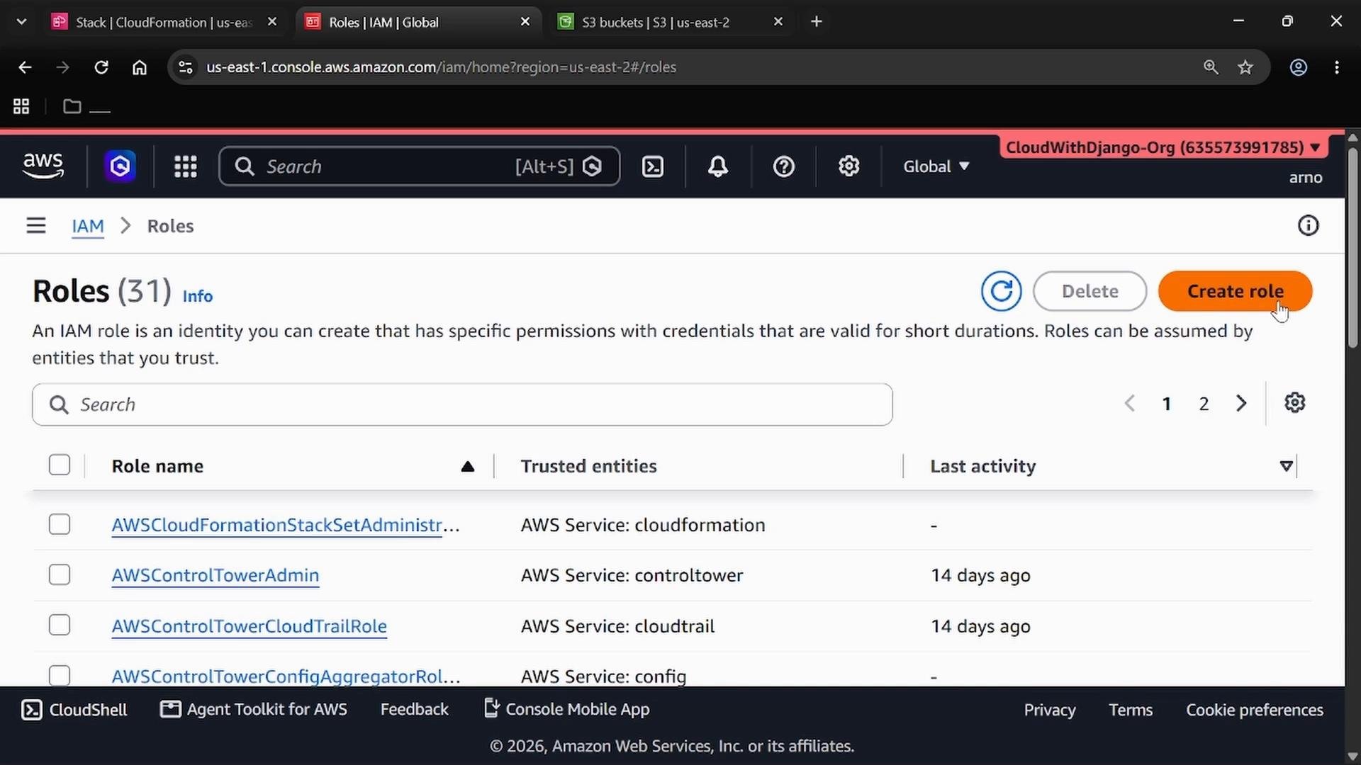 Screenshot of the AWS IAM Roles page in the AWS console, showing a list of IAM roles and a prominent orange "Create role" button. The header indicates 31 roles and lists items like AWSControlTowerAdmin and other service roles.