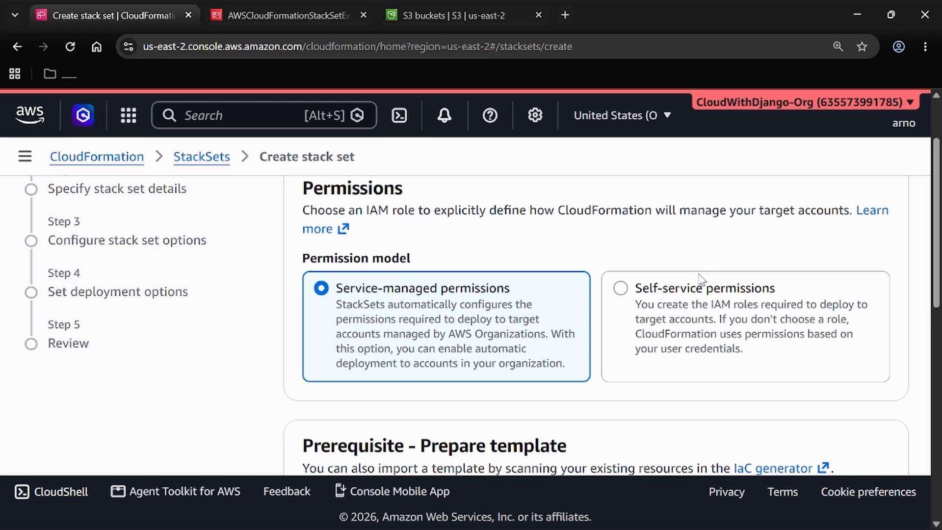 A screenshot of the AWS CloudFormation "Create stack set" web console showing the Permissions section with the "Service-managed permissions" option selected and "Self-service permissions" as the alternative. The left side shows the step-by-step navigation (Specify details, Configure options, Set deployment options, Review).