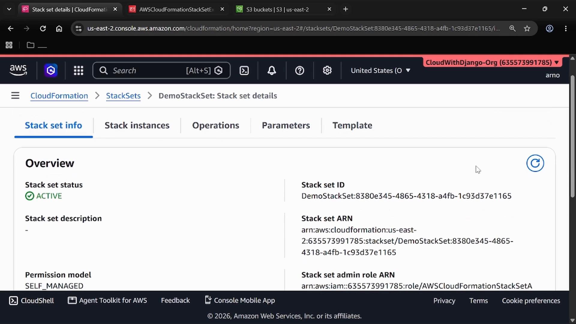 A screenshot of the AWS CloudFormation console showing the "DemoStackSet: Stack set details" Overview page, with the stack set status marked ACTIVE and the Stack set ID and ARN displayed.
