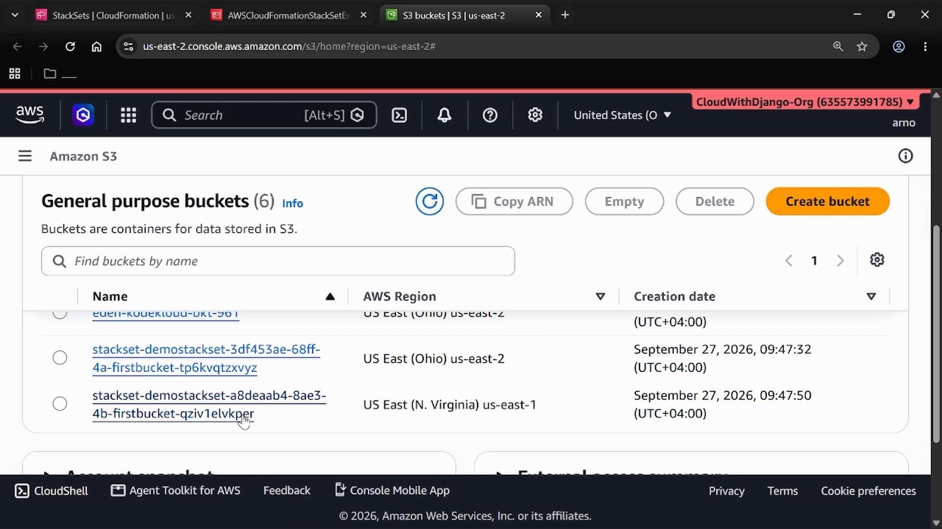 A screenshot of the Amazon S3 web console showing a "General purpose buckets" list with bucket names, AWS regions and creation dates, plus action buttons like "Create bucket."