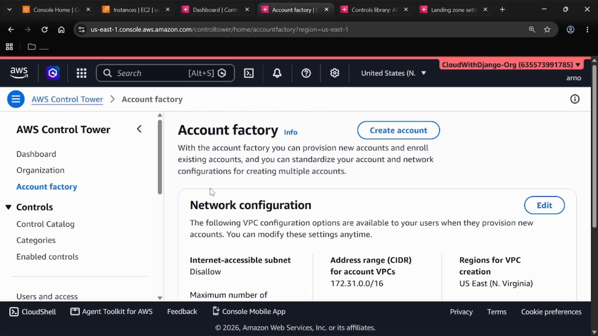 A screenshot of the AWS Control Tower console open to the "Account factory" page, showing a "Create account" button and network configuration settings for provisioning accounts. The left sidebar displays navigation items like Dashboard, Organization, and Controls.