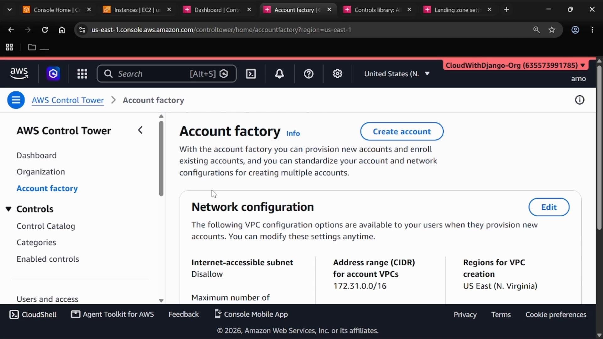 A screenshot of the AWS Control Tower console open to the "Account factory" page, showing a "Create account" button and network configuration settings for provisioning accounts. The left sidebar displays navigation items like Dashboard, Organization, and Controls.