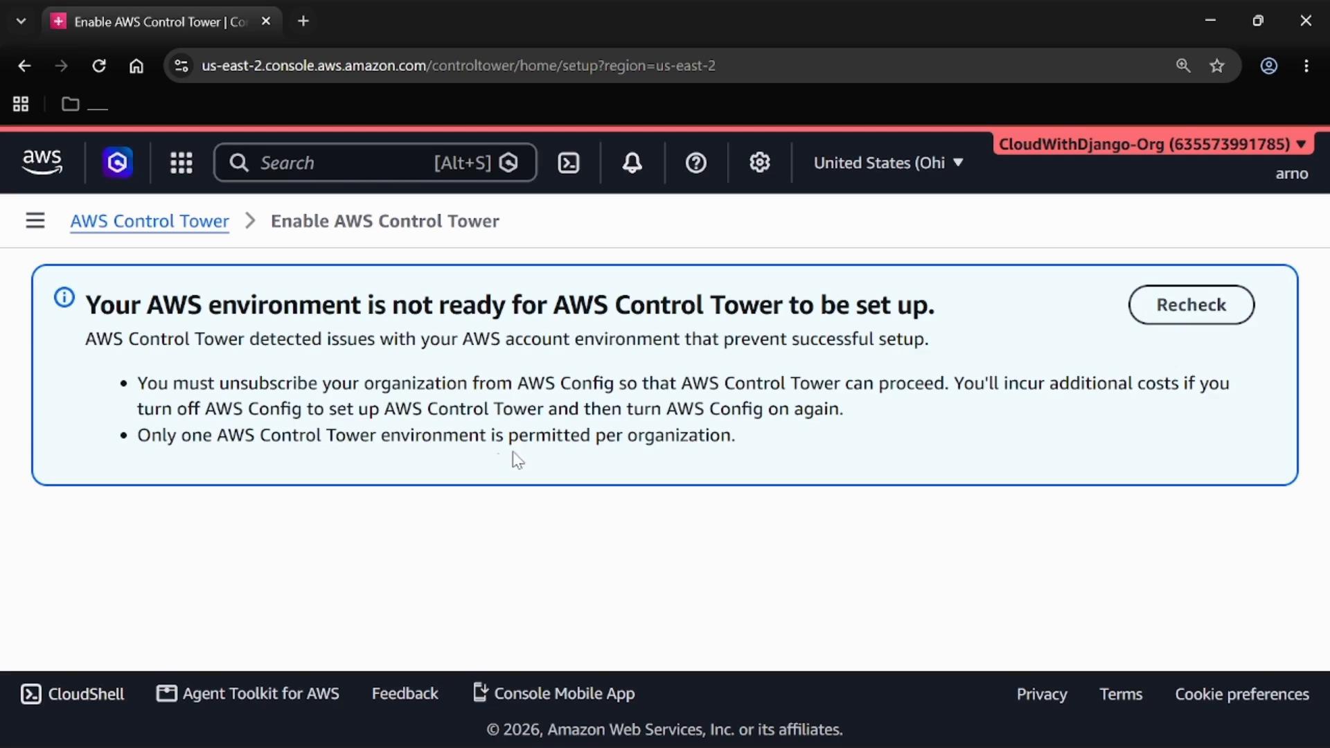 A screenshot of the AWS Control Tower console showing a notice that the AWS environment is not ready for Control Tower setup, with instructions to unsubscribe the organization from AWS Config and a "Recheck" button. The message also says only one AWS Control Tower environment is permitted per organization.