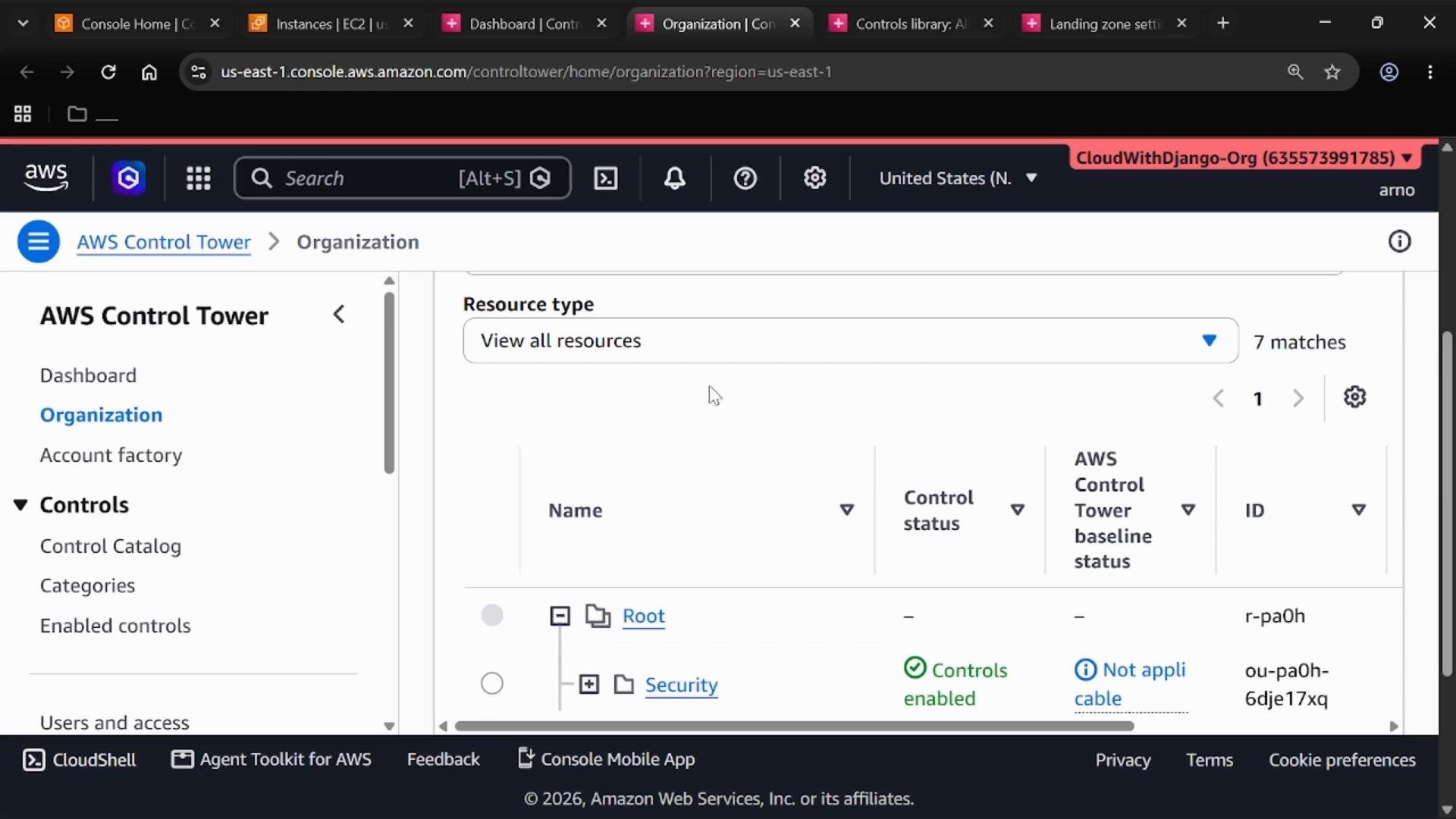 A screenshot of the AWS Control Tower web console in a browser. It shows the Organization page with the left navigation menu and a resources table listing organizational units and control statuses.